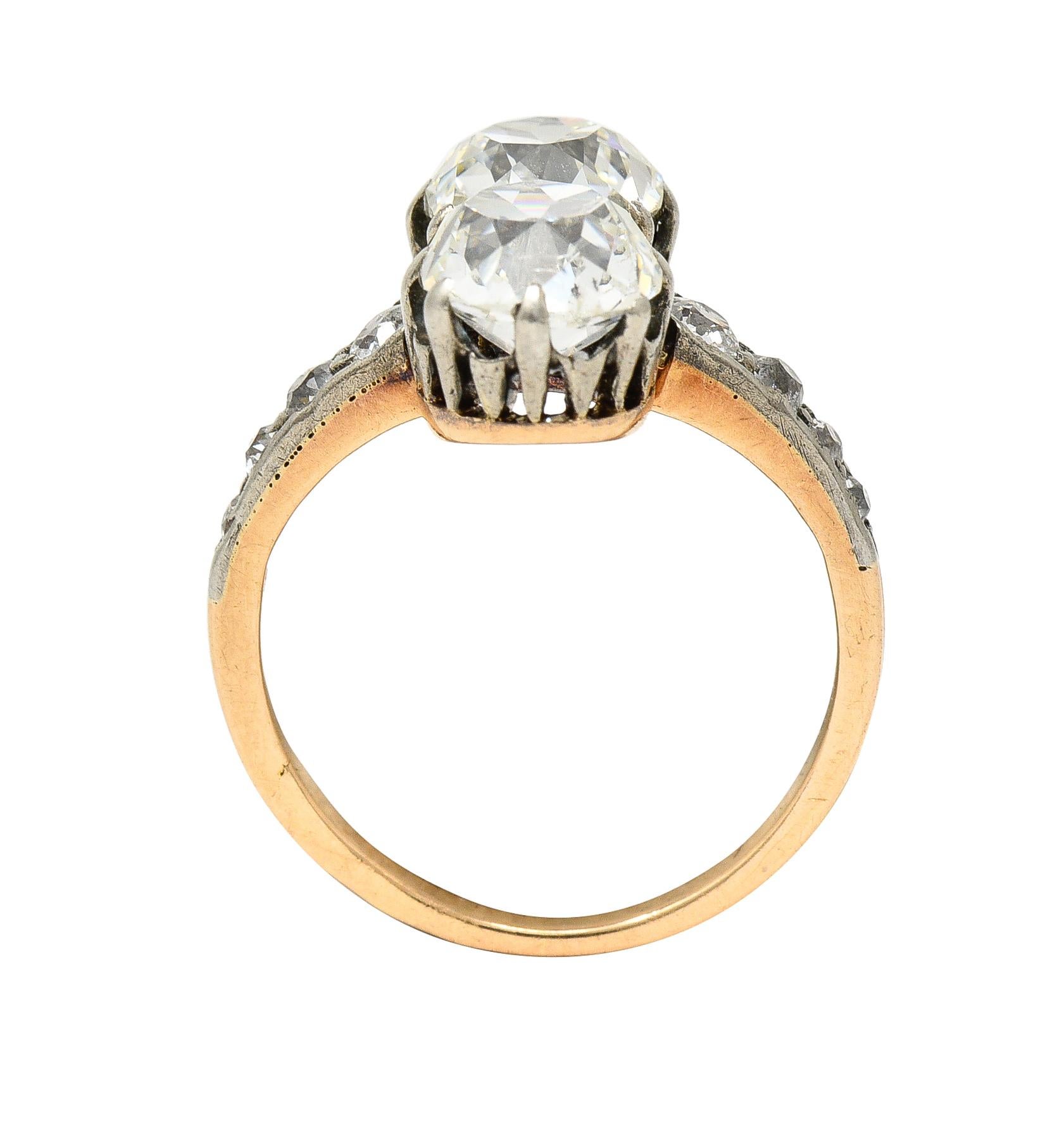 French Edwardian 2.74 CTW Old Mine Cut Diamond Toi-Et-Moi Silver 14 Karat Ring For Sale 4