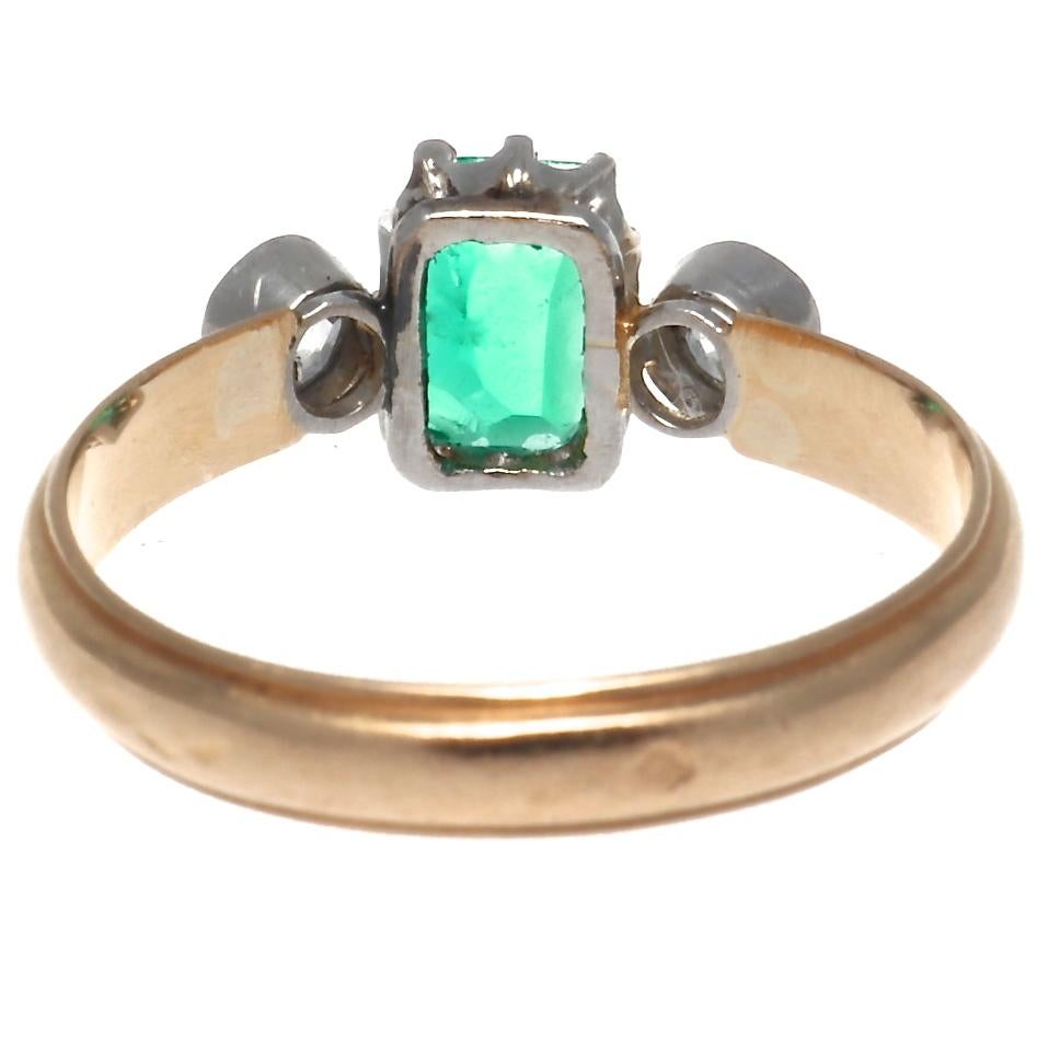 Women's French Edwardian 3-Stone Emerald Old European Cut Diamond Gold Ring