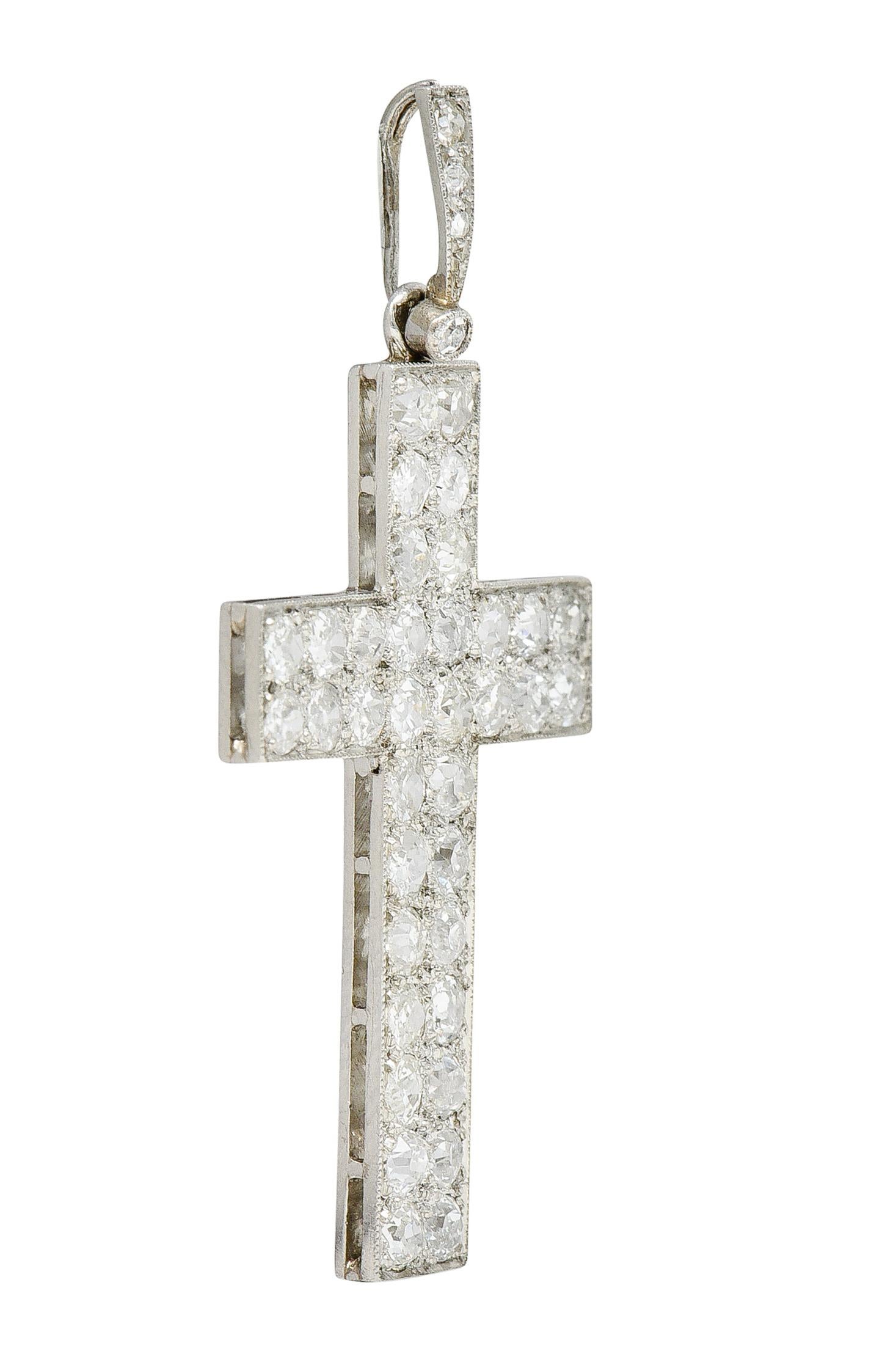 French Edwardian 3.50 Carats Pave Diamond Platinum Cross Pendant In Excellent Condition In Philadelphia, PA