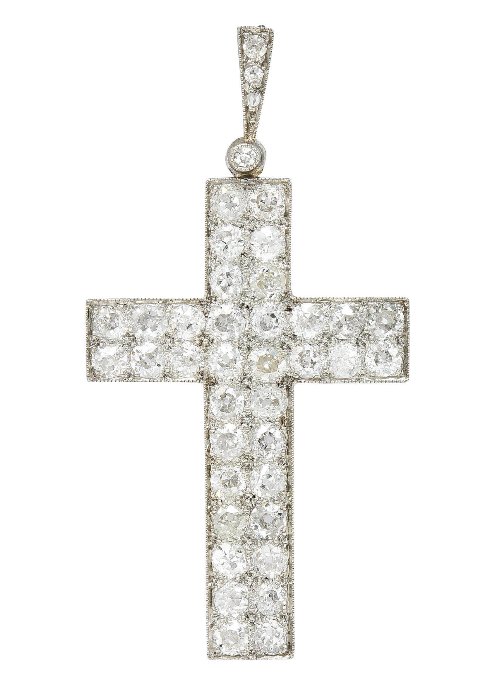 Women's or Men's French Edwardian 3.50 Carats Pave Diamond Platinum Cross Pendant
