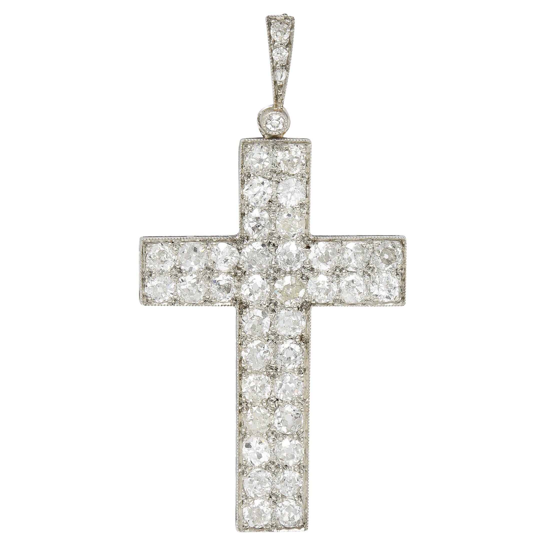 French Edwardian 3.50 Carats Pave Diamond Platinum Cross Pendant