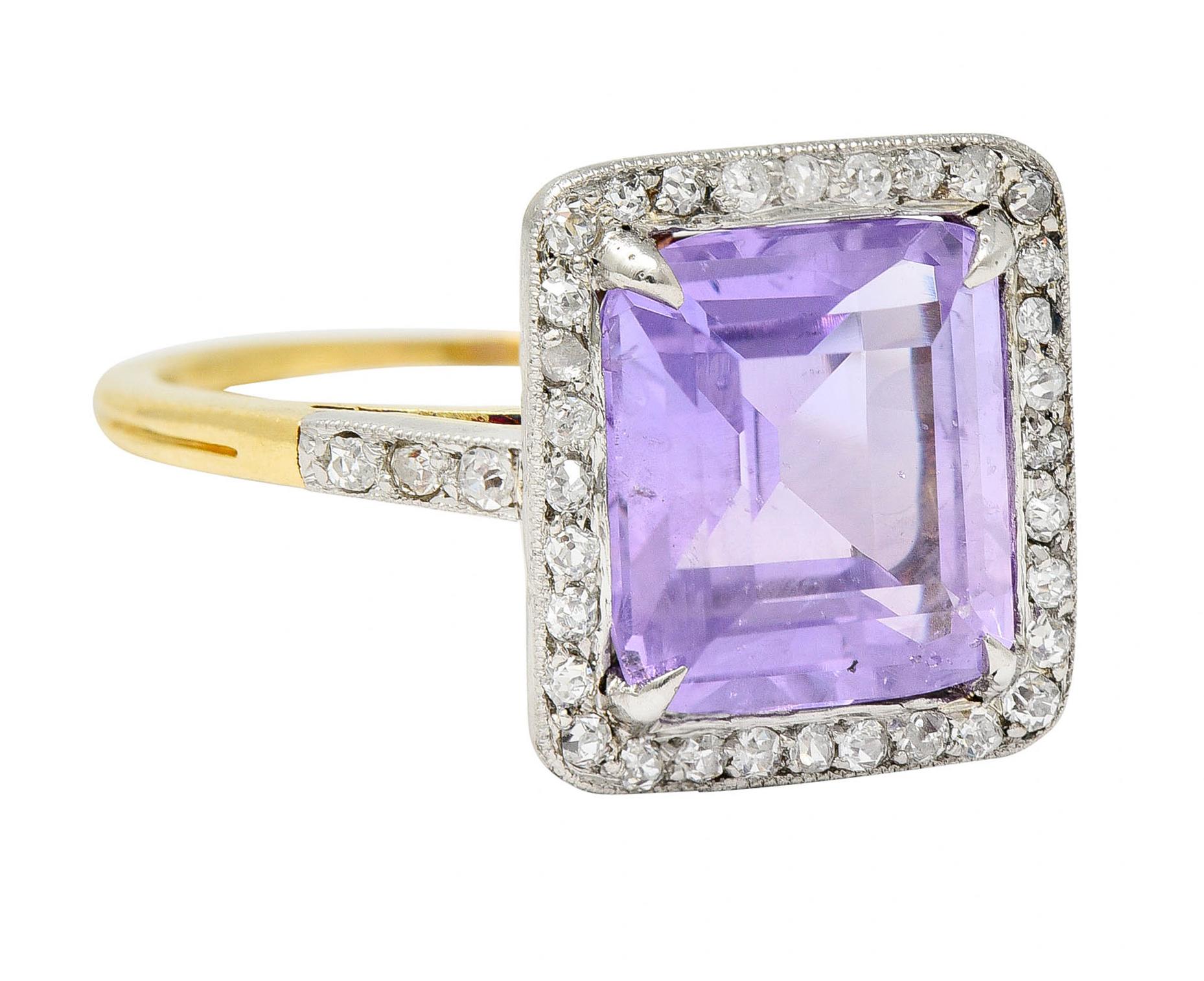 Featuring a rectangular step cut lavender sapphire weighing approximately 4.64 carat with no indications of treatment

Transparent medium light violetish lavender in color

Surrounded by rose, single, and old European cut diamonds - set in
