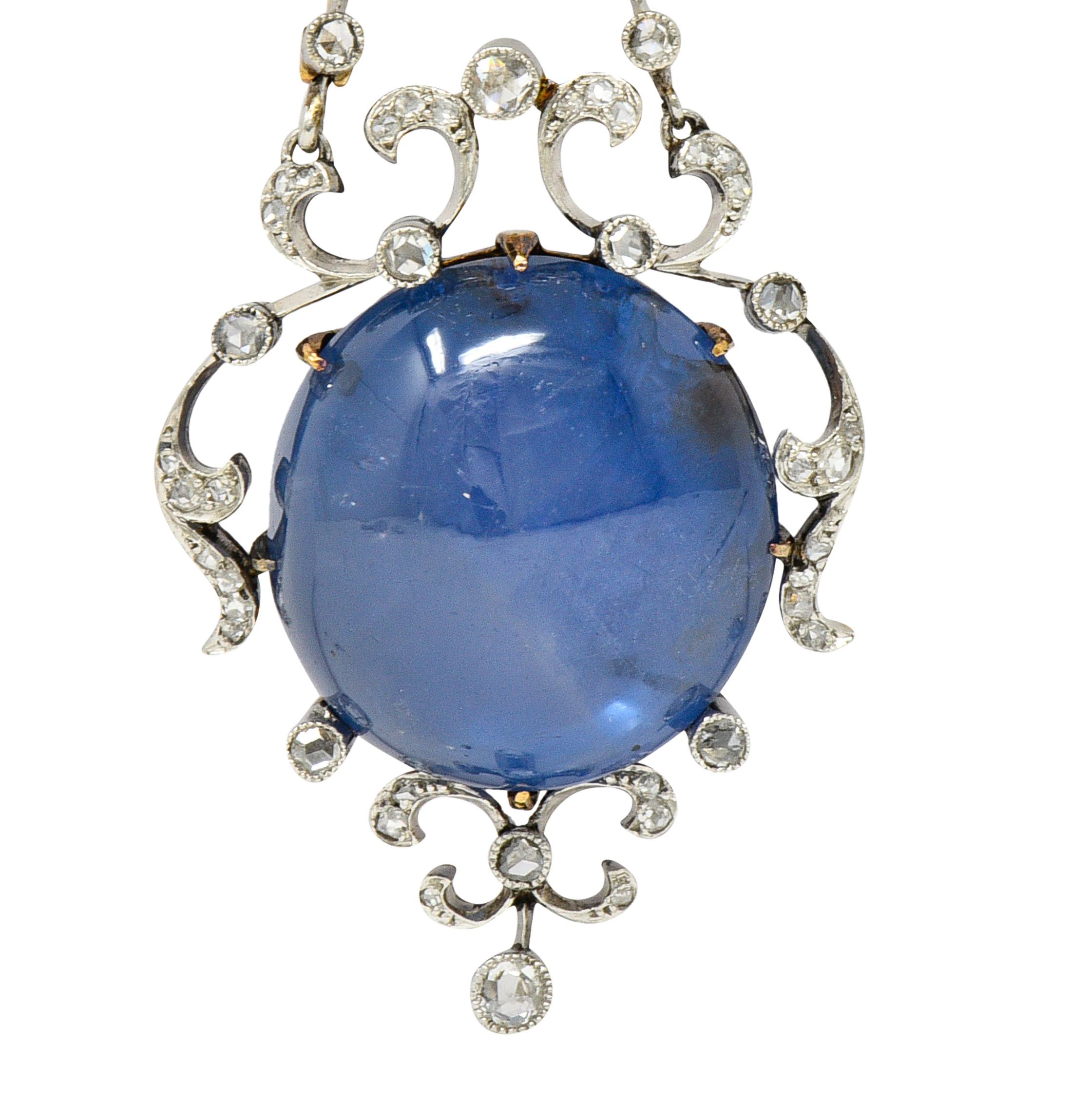 French Edwardian 61.83 Carats Star Sapphire Diamond Silver Whiplash Pendant In Excellent Condition For Sale In Philadelphia, PA