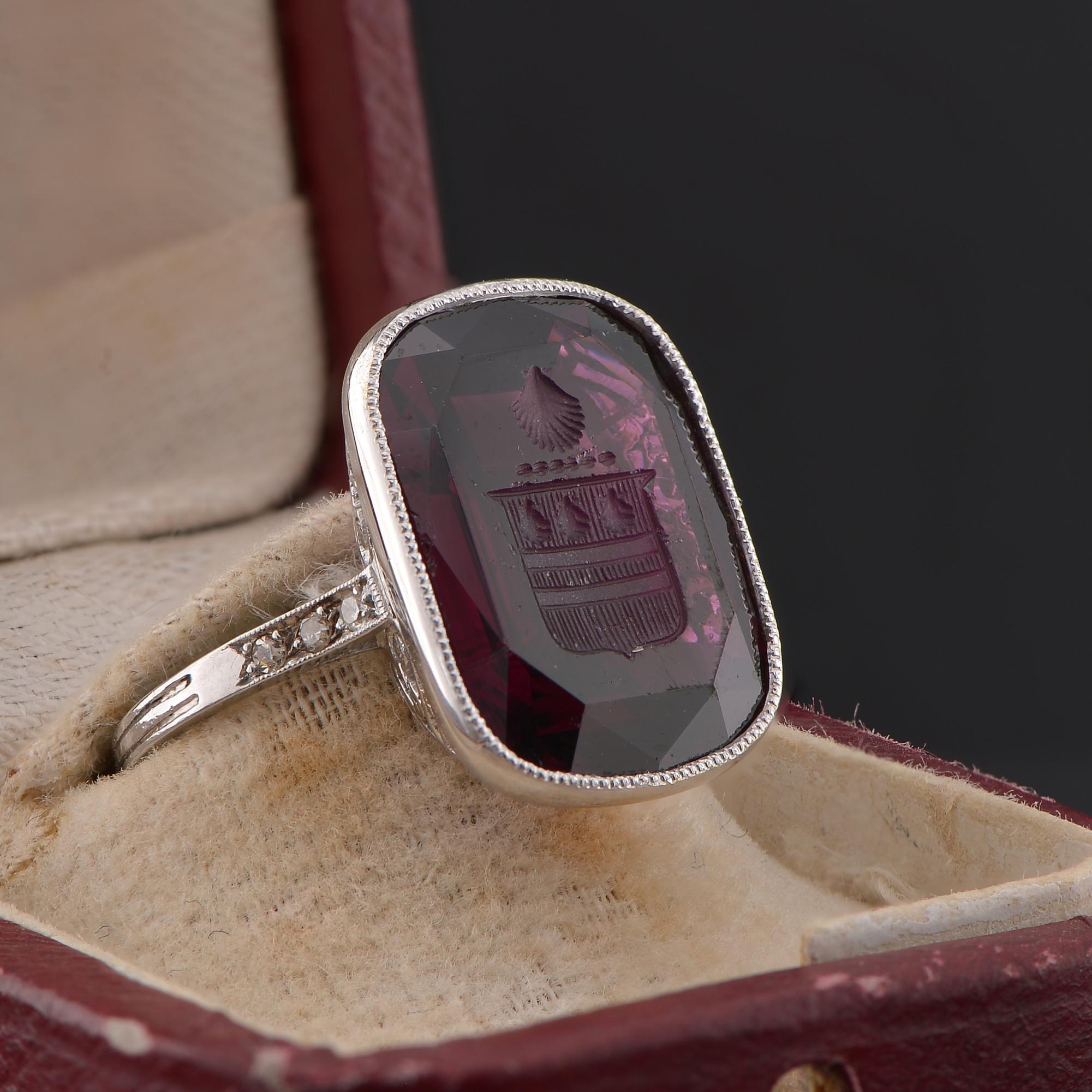 Antique Cushion Cut French Edwardian Coat of Arms 11.00 Ct. Verneuil Sapphire Diamond Seal Ring For Sale