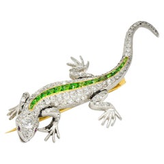 Antique French Edwardian Demantoid Garnet Diamond Platinum 18 Karat Gold Lizard Brooch