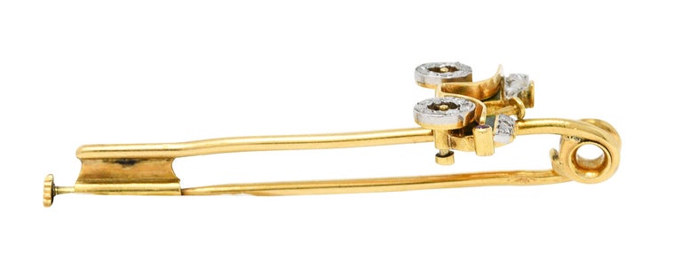 Women's or Men's French Edwardian Diamond Enamel Platinum 18 Karat Gold Car Safety Pin Brooch