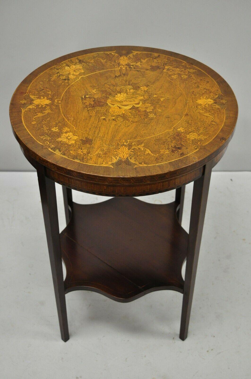 French Edwardian Floral Marquetry Satinwood Inlay Round Accent Side Table 4