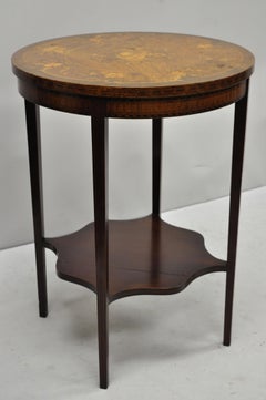 French Edwardian Floral Marquetry Satinwood Inlay Round Accent Side Table