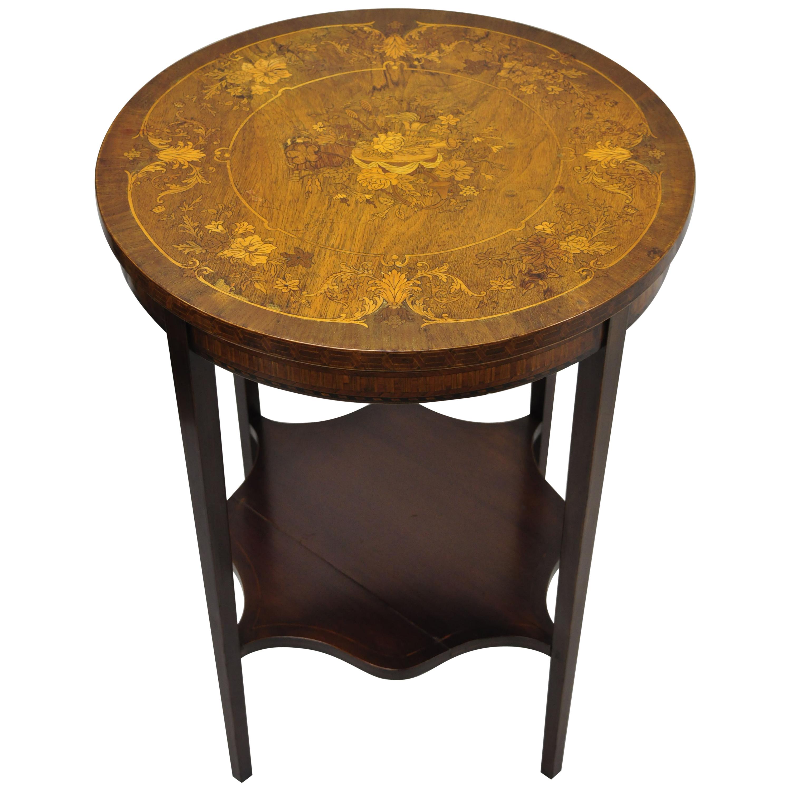 French Edwardian Floral Marquetry Satinwood Inlay Round Accent Side Table
