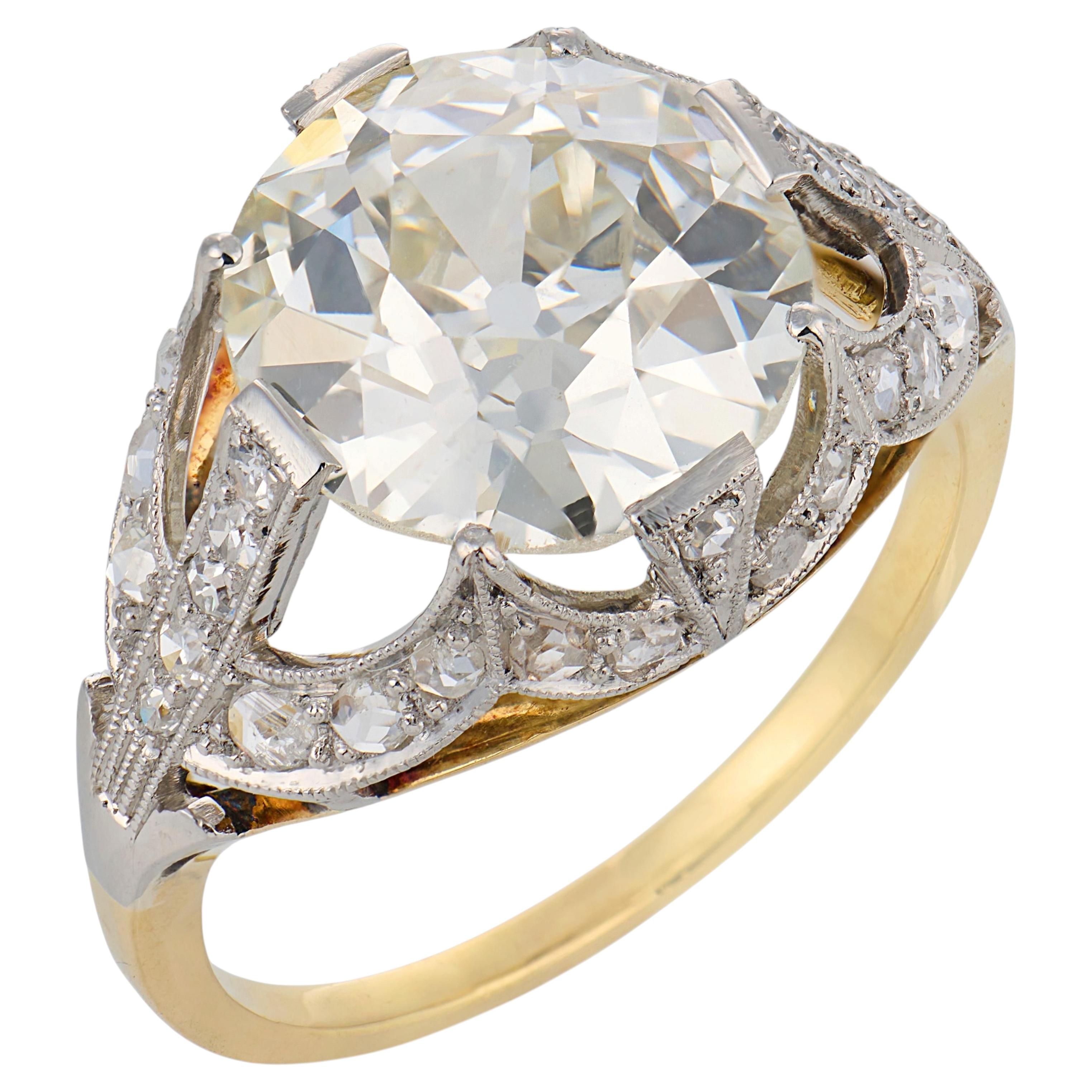 French Edwardian GIA 5.08 carat diamond 18k yellow gold platinum engagement ring