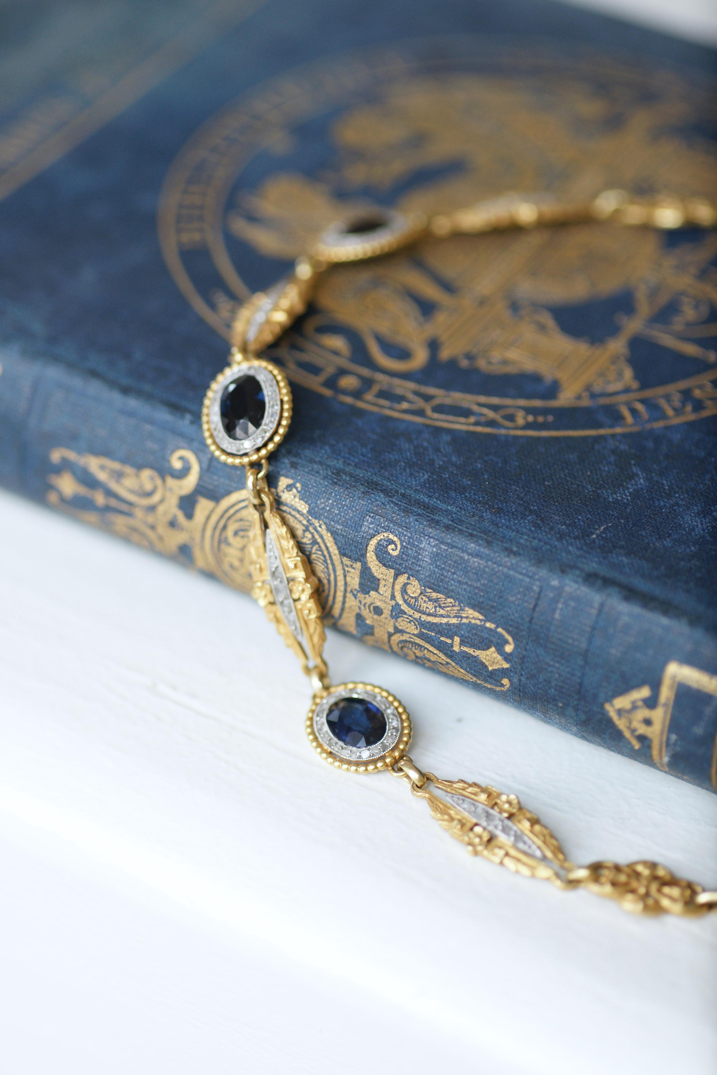 French Edwardian Gold Garland & Flower Bracelet with Sapphires and Diamonds 7