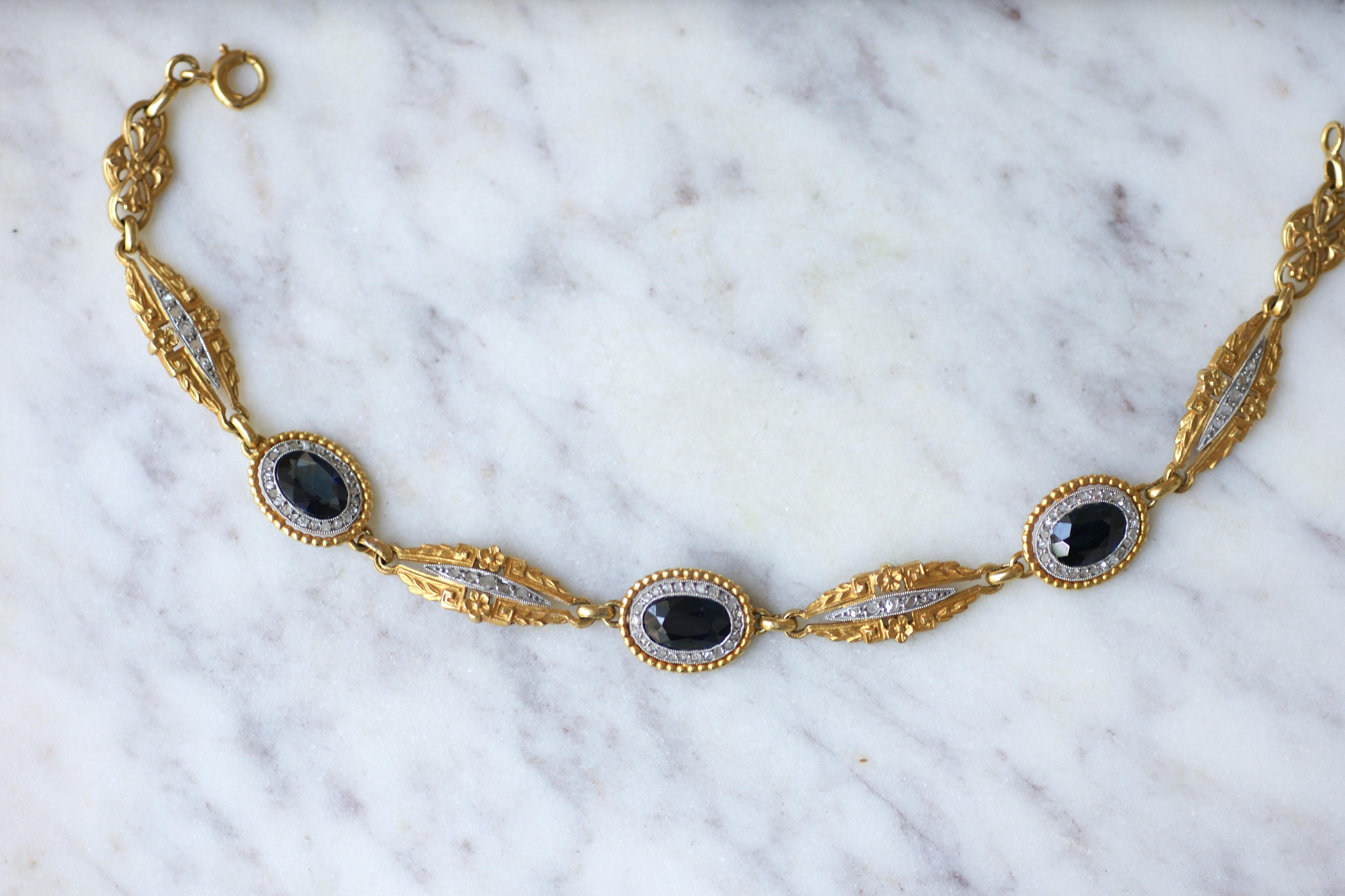 Oval Cut French Edwardian Gold Garland & Flower Bracelet with Sapphires and Diamonds