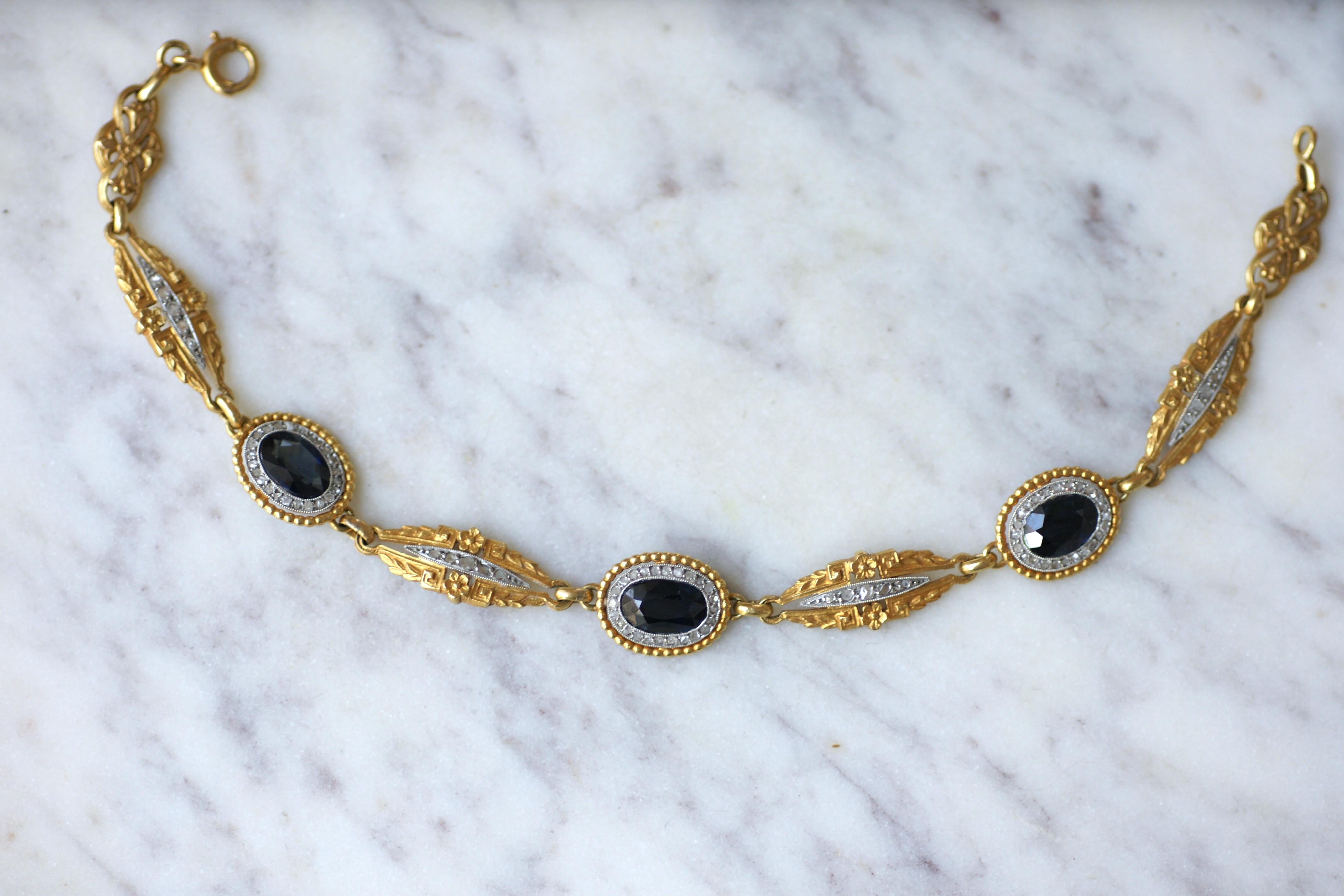 Women's or Men's French Edwardian Gold Garland & Flower Bracelet with Sapphires and Diamonds