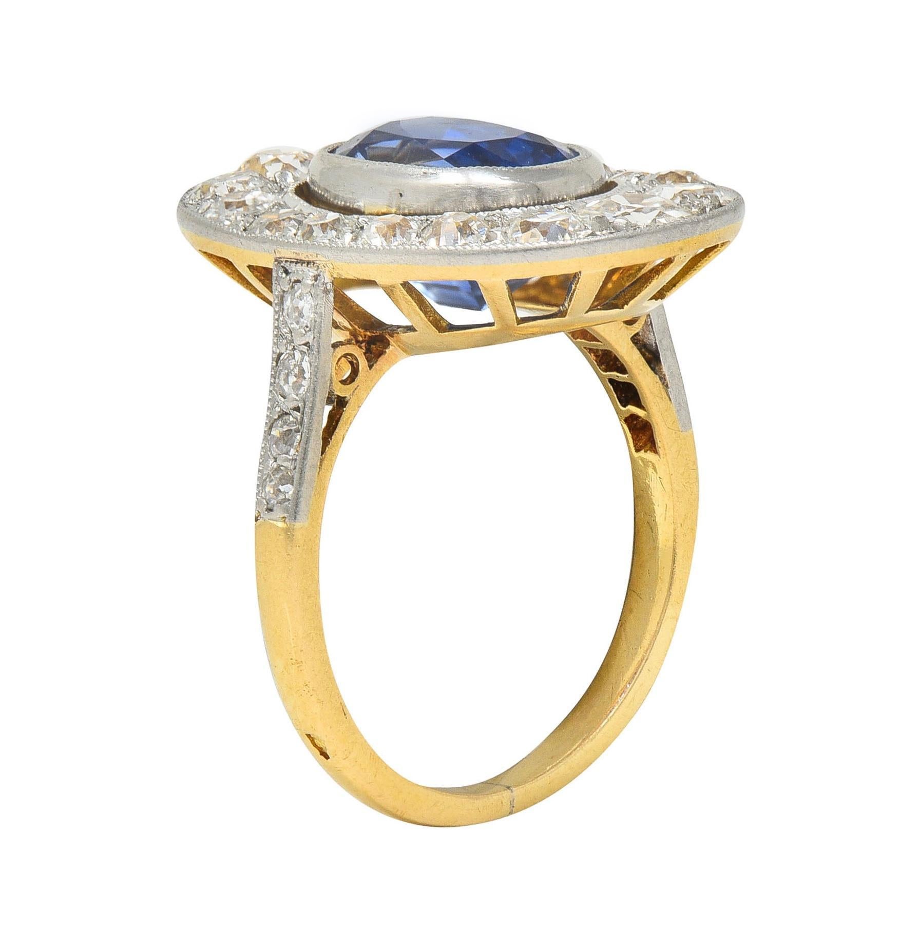 Mixed Cut French Edwardian No Heat Ceylon Sapphire Diamond Platinum 18K Gold Antique Ring For Sale