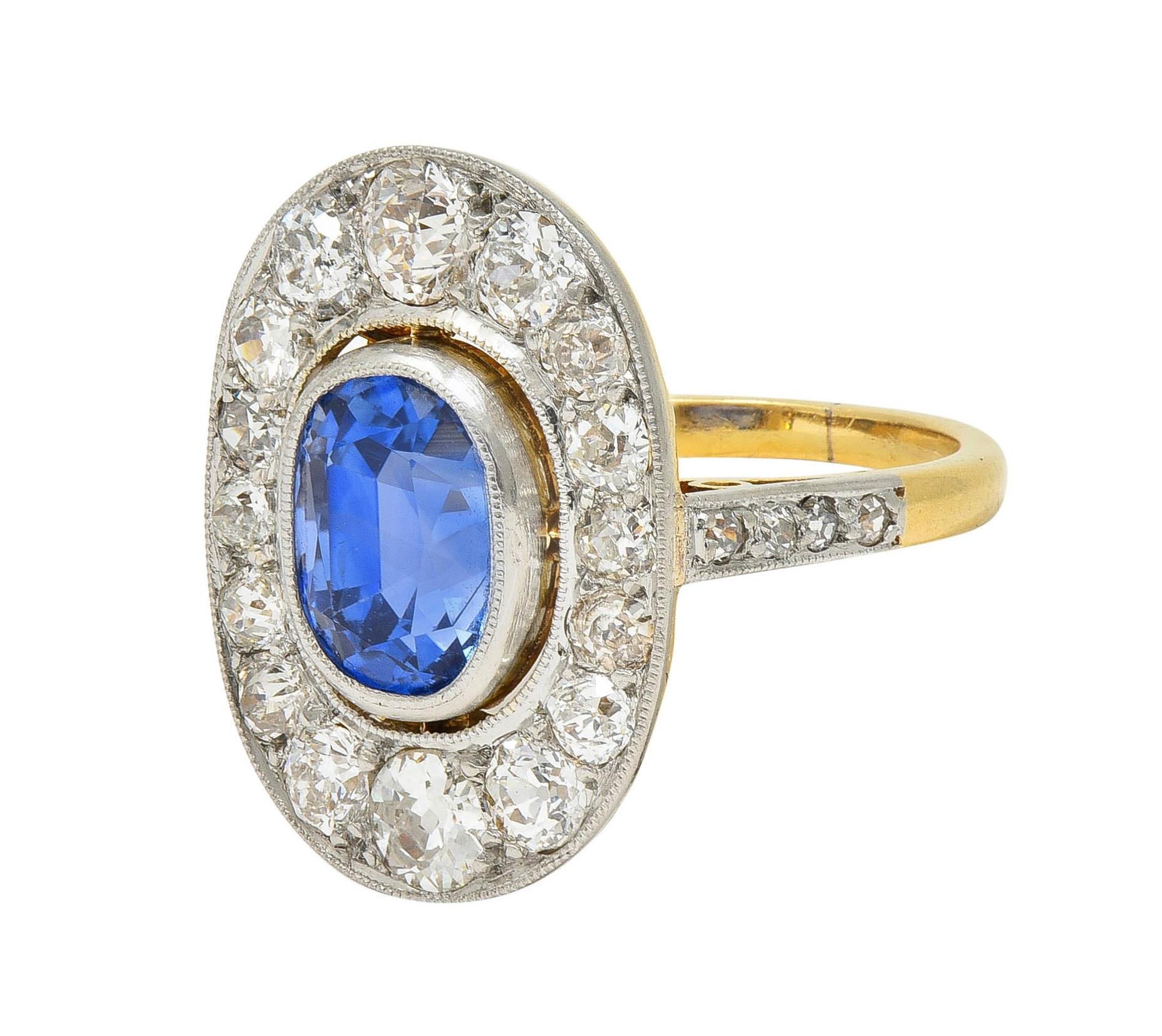 French Edwardian No Heat Ceylon Sapphire Diamond Platinum 18K Gold Antique Ring For Sale 2