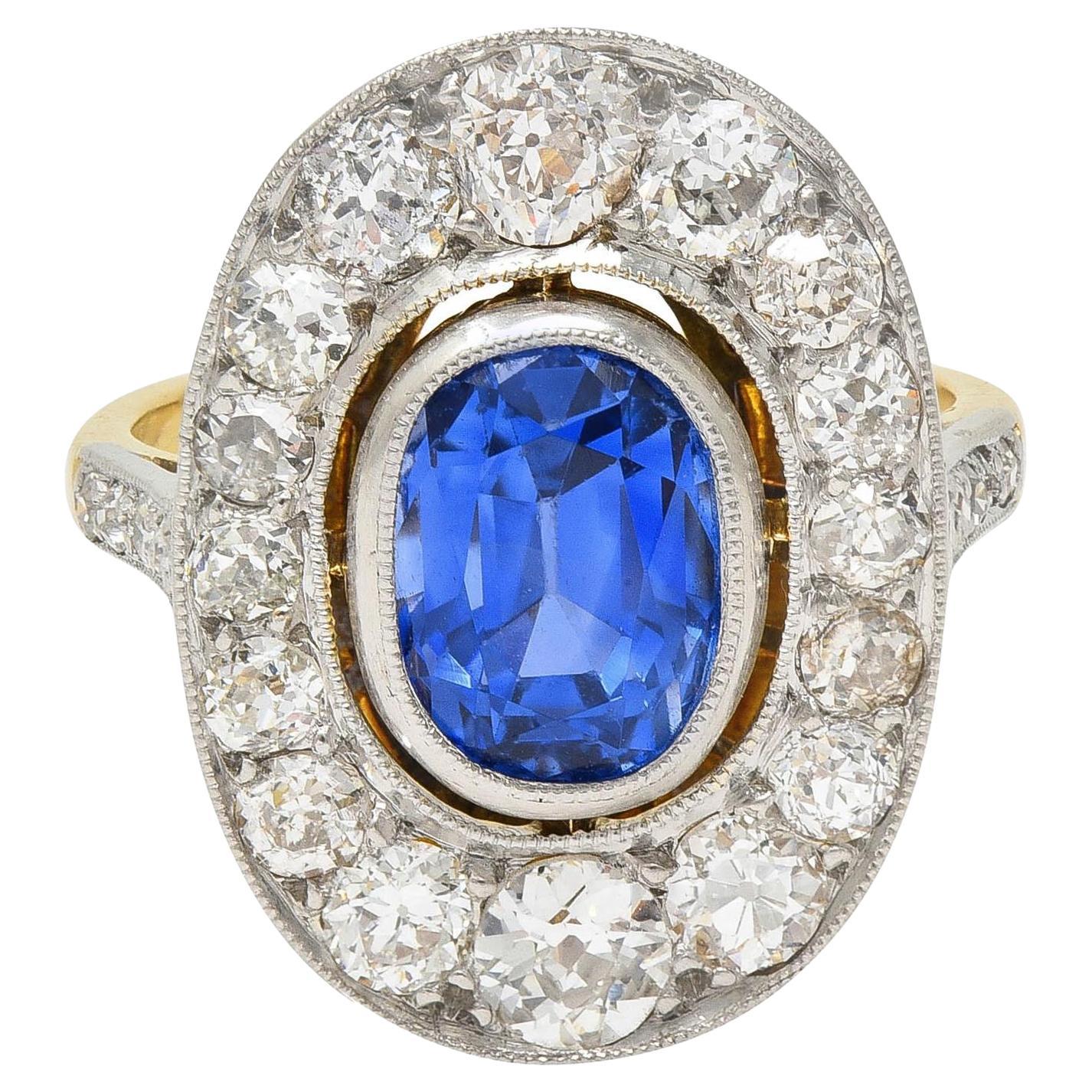 French Edwardian No Heat Ceylon Sapphire Diamond Platinum 18K Gold Antique Ring For Sale