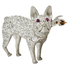 French Edwardian Pave Diamond Platinum Bulldog Brooch