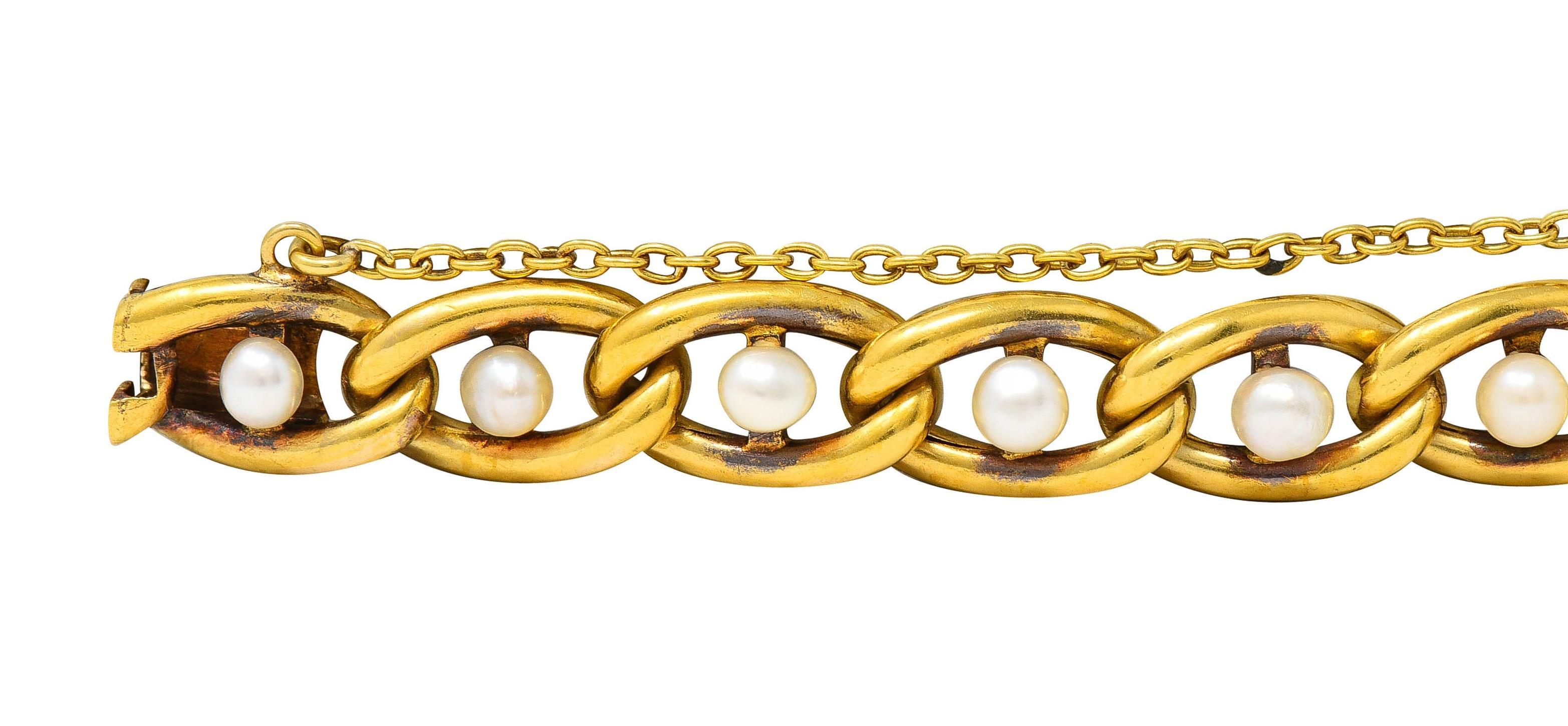 French Edwardian Pearl 18 Karat Yellow Gold Antique Curb Link Bracelet In Excellent Condition In Philadelphia, PA