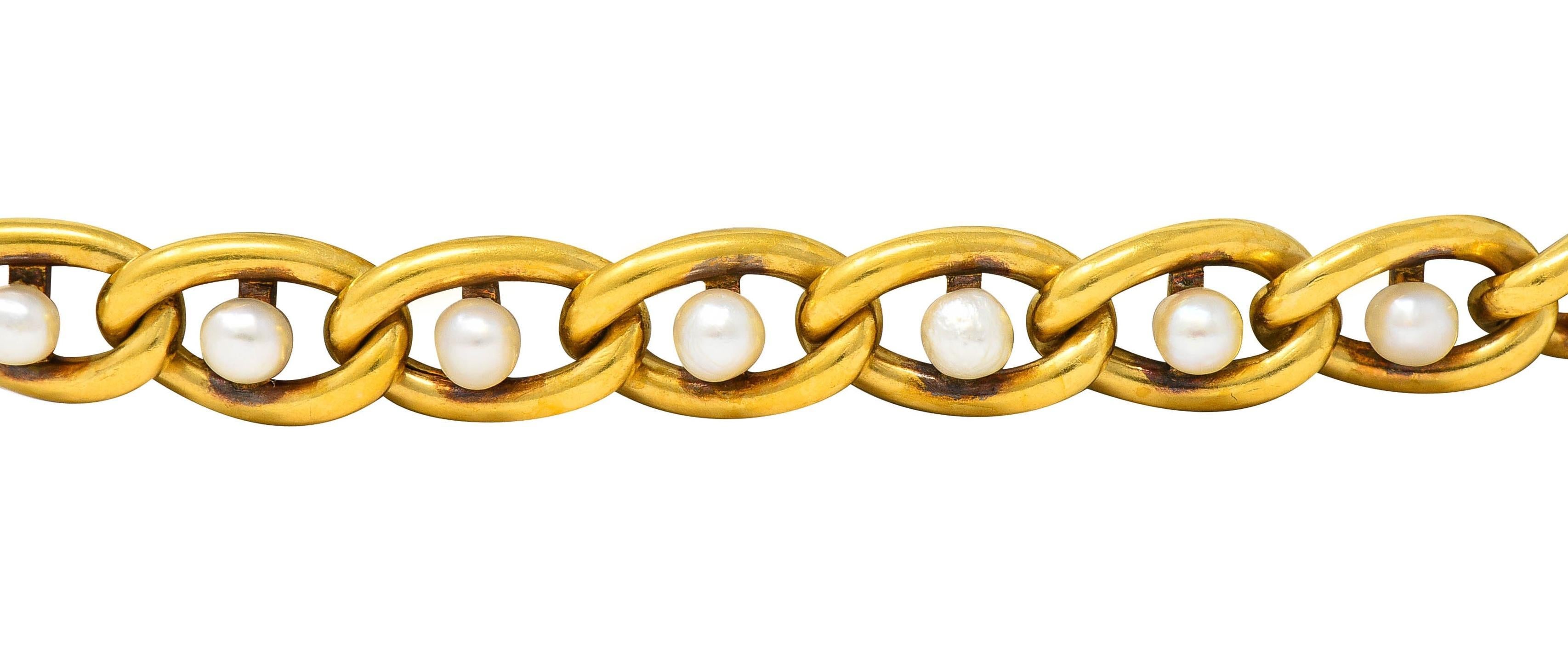 Women's or Men's French Edwardian Pearl 18 Karat Yellow Gold Antique Curb Link Bracelet