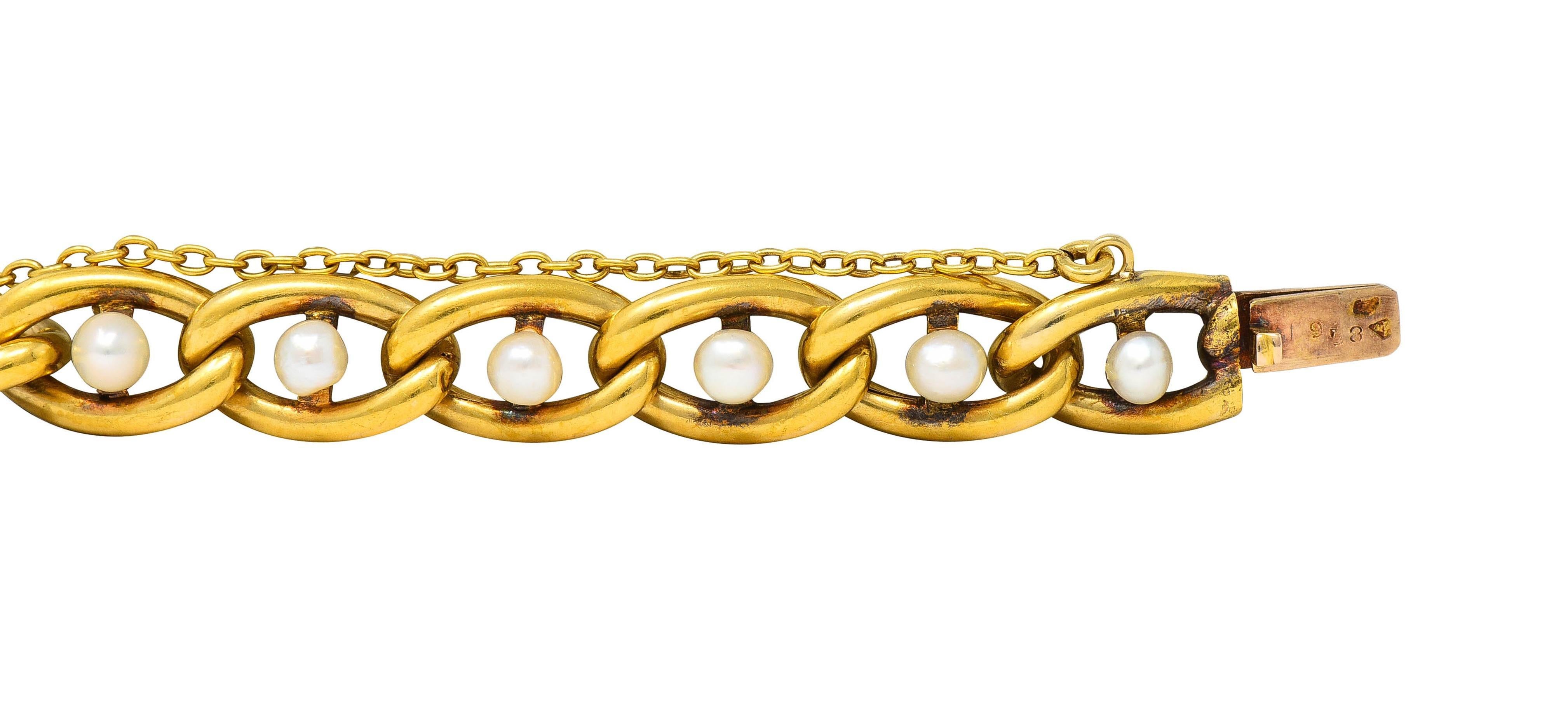 French Edwardian Pearl 18 Karat Yellow Gold Antique Curb Link Bracelet 1
