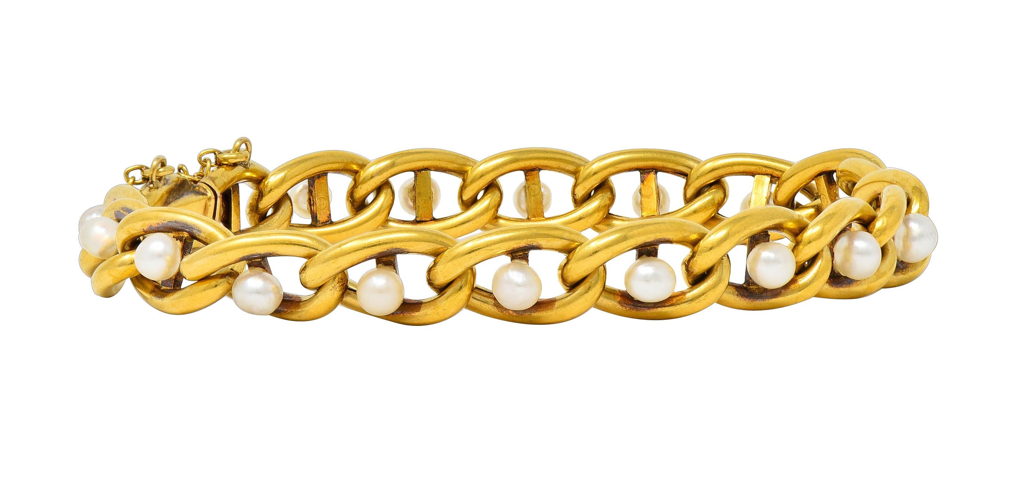 French Edwardian Pearl 18 Karat Yellow Gold Antique Curb Link Bracelet 4