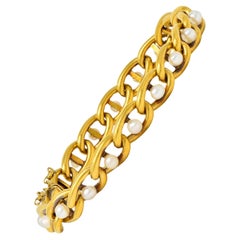 French Edwardian Pearl 18 Karat Yellow Gold Antique Curb Link Bracelet