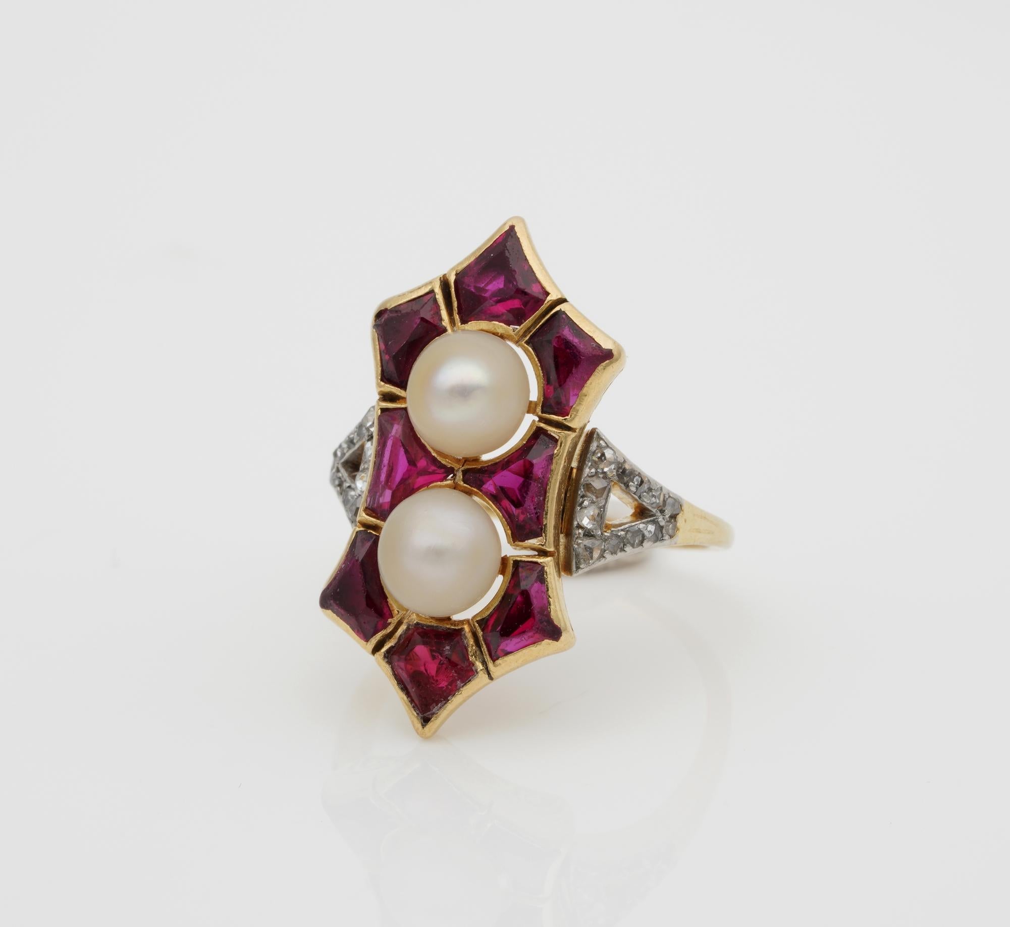 Uncut French Edwardian Rare 1.80 Carat Natural Siam Ruby Duo Natural Pearl Rare Ring For Sale