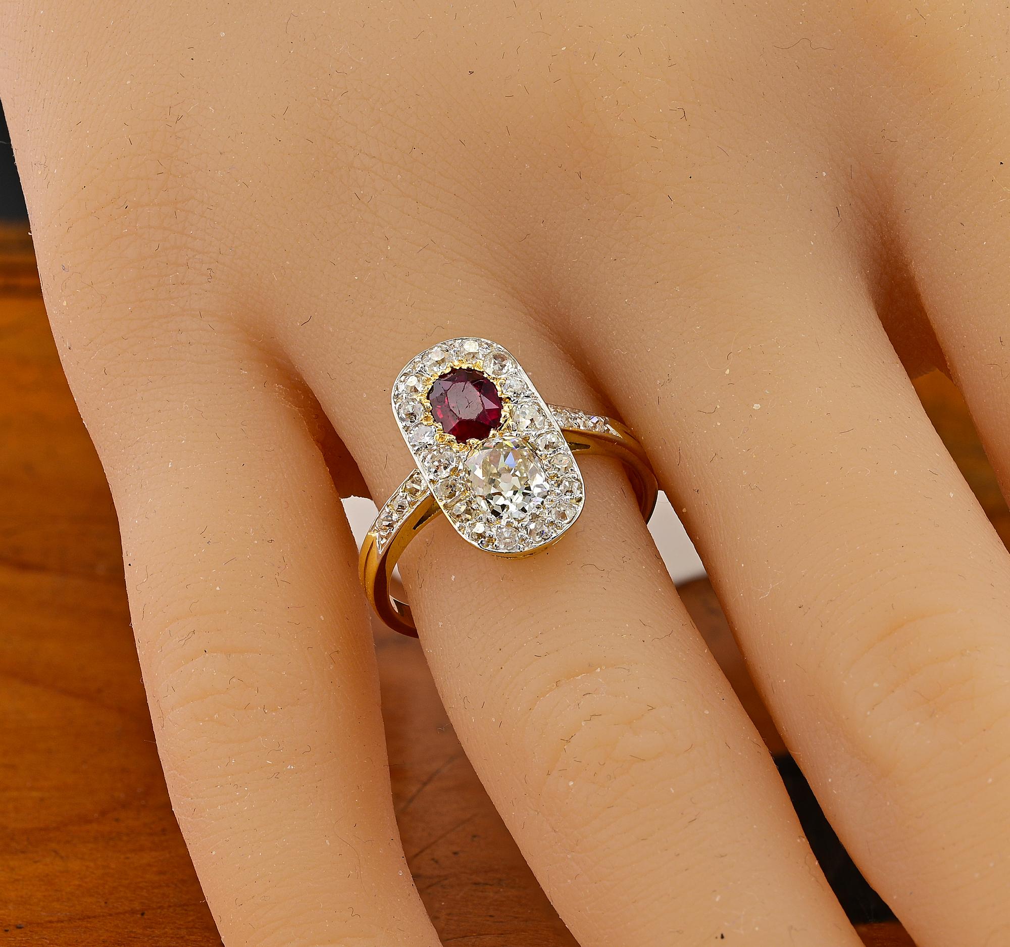 French Edwardian Untreated Ruby Diamond 18 KT/Platinum Ring For Sale 7