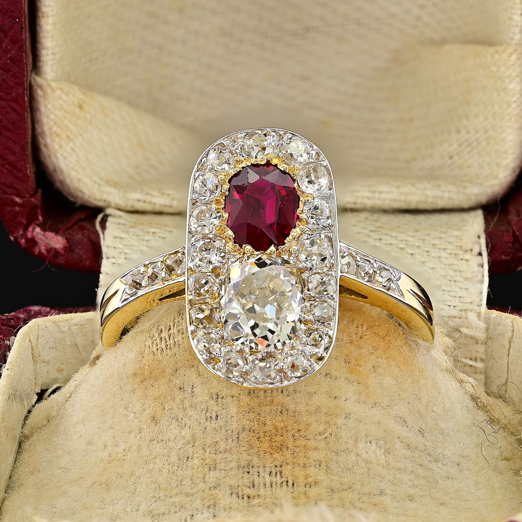 This breathtaking Edwardian ring is 1900/09 circa
Elegantly designed as a flat crown panel, hand crafted of solid 18 Kt gold with Platinum top
French origin, hallmarked
Set on one side with a natural no  heat - untreated natural Ruby of vibrant Red