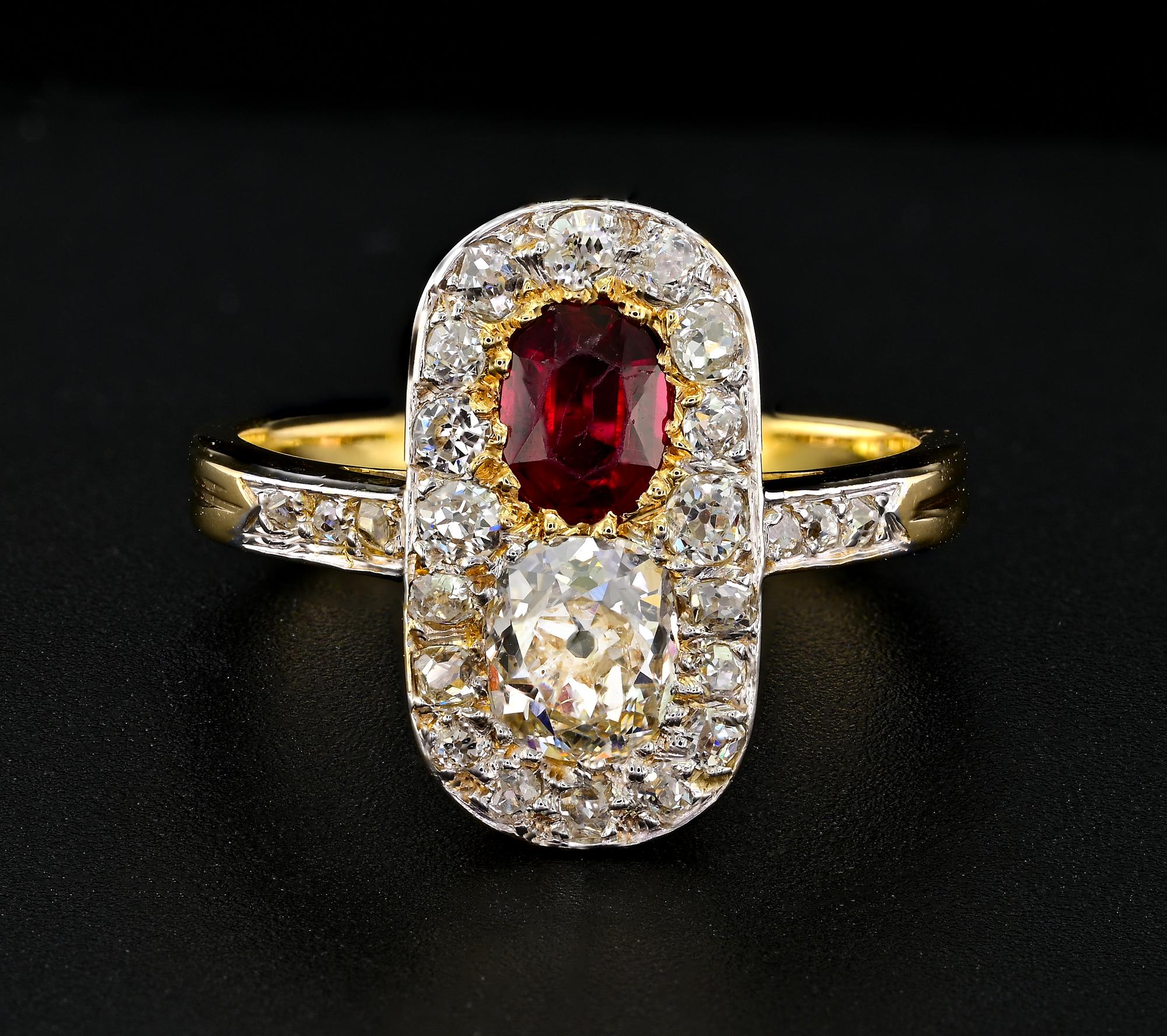 Antique Cushion Cut French Edwardian Untreated Ruby Diamond 18 KT/Platinum Ring For Sale