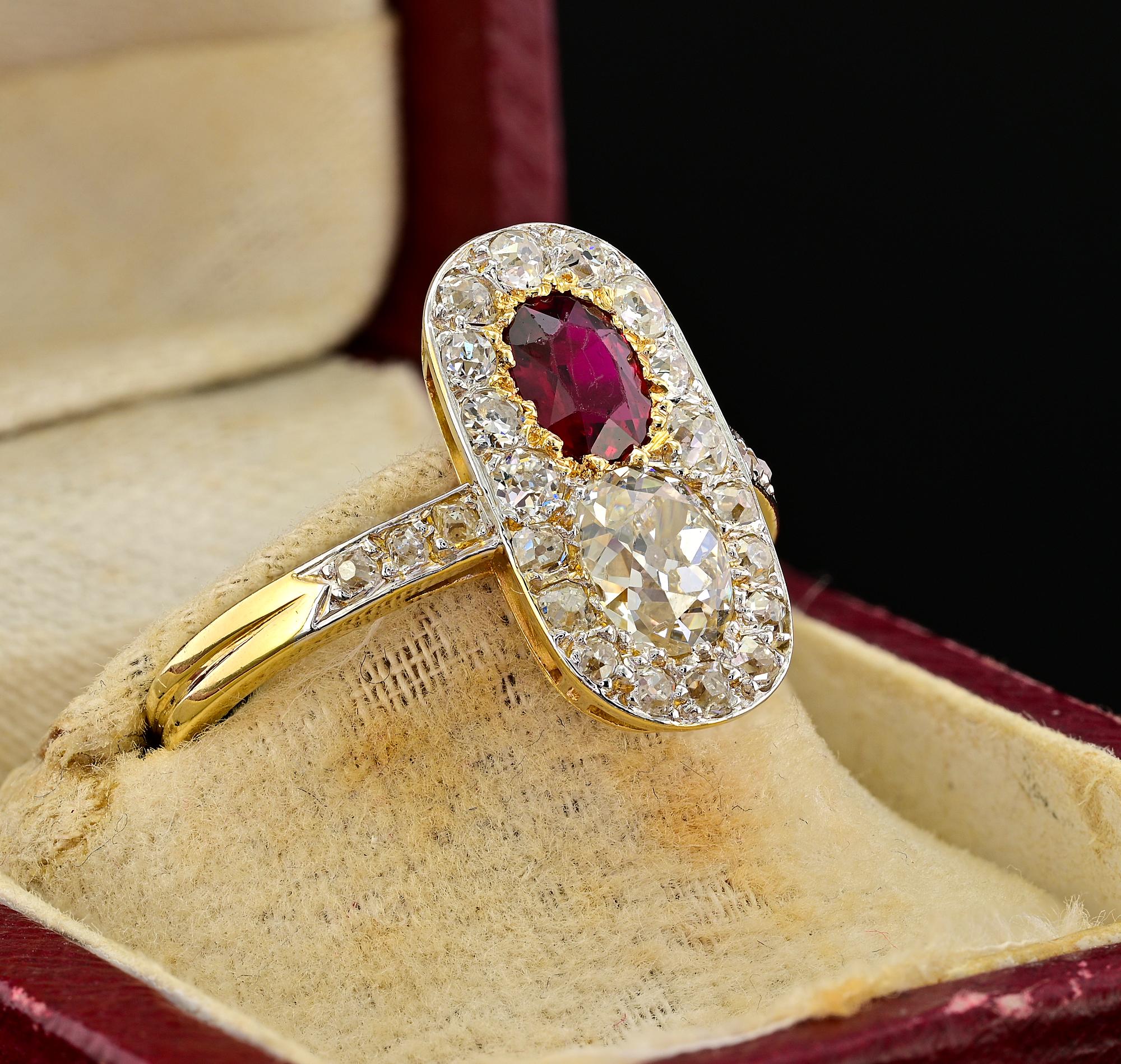 Women's French Edwardian Untreated Ruby Diamond 18 KT/Platinum Ring For Sale