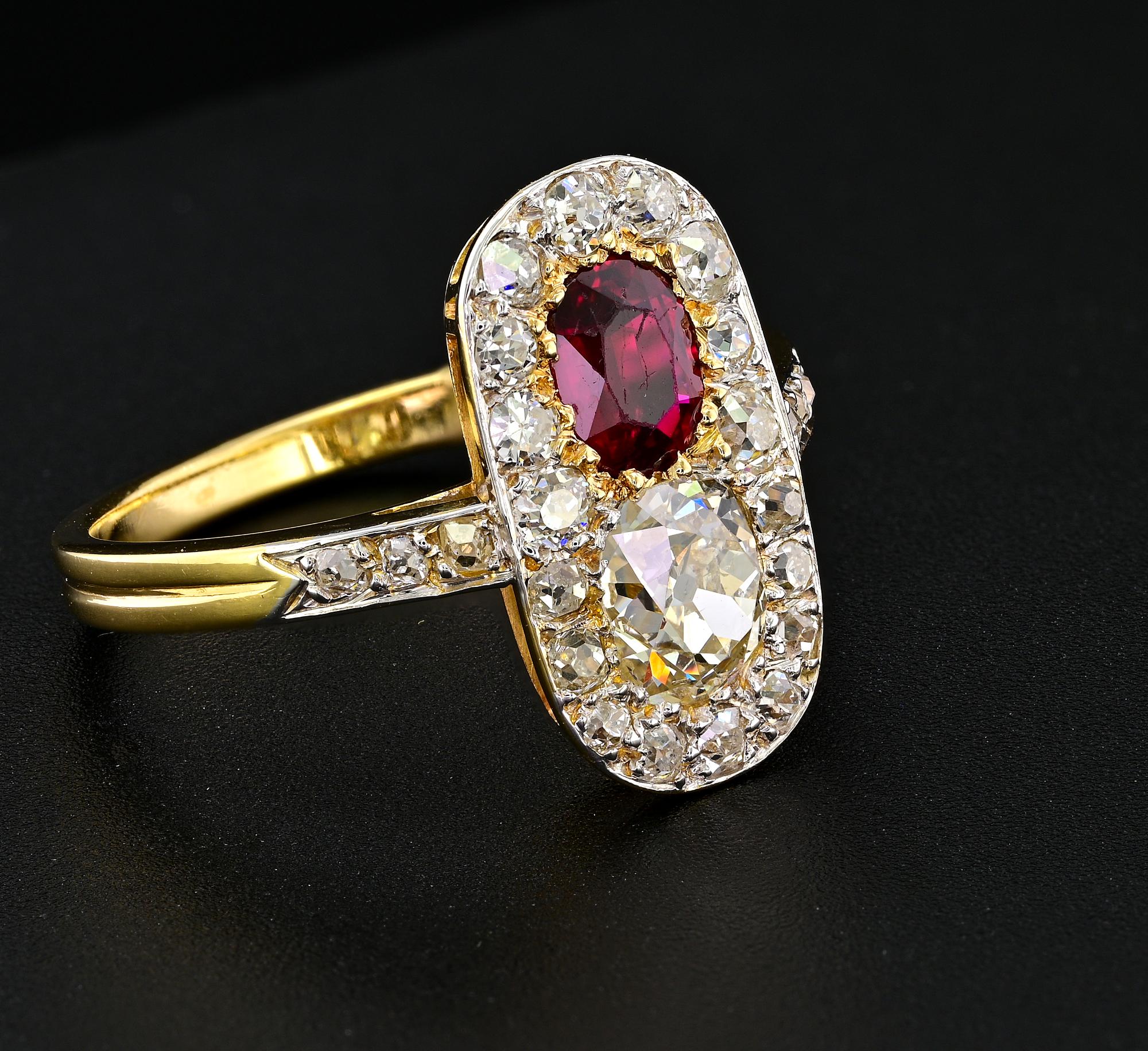 French Edwardian Untreated Ruby Diamond 18 KT/Platinum Ring For Sale 1