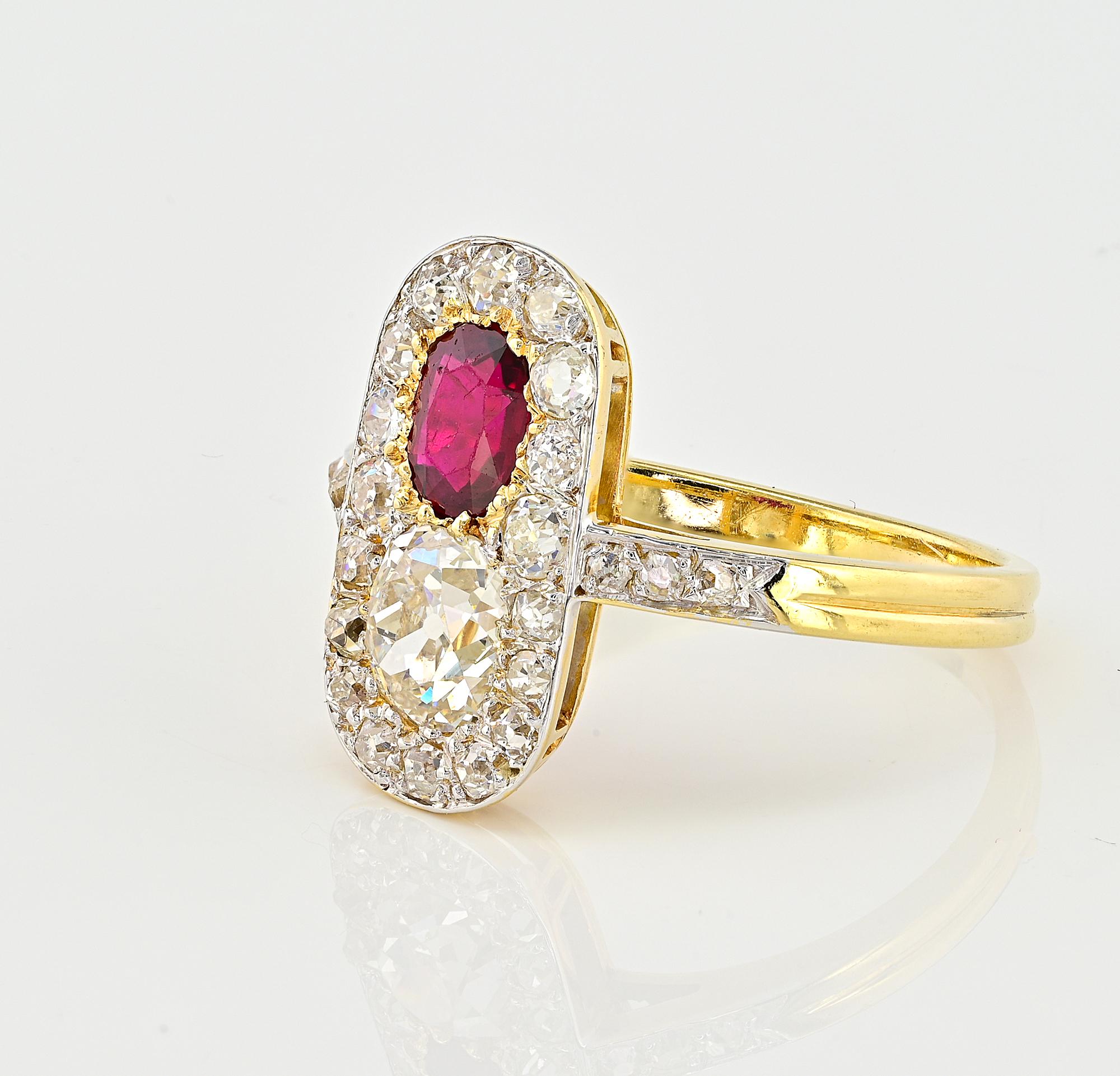 French Edwardian Untreated Ruby Diamond 18 KT/Platinum Ring For Sale 2