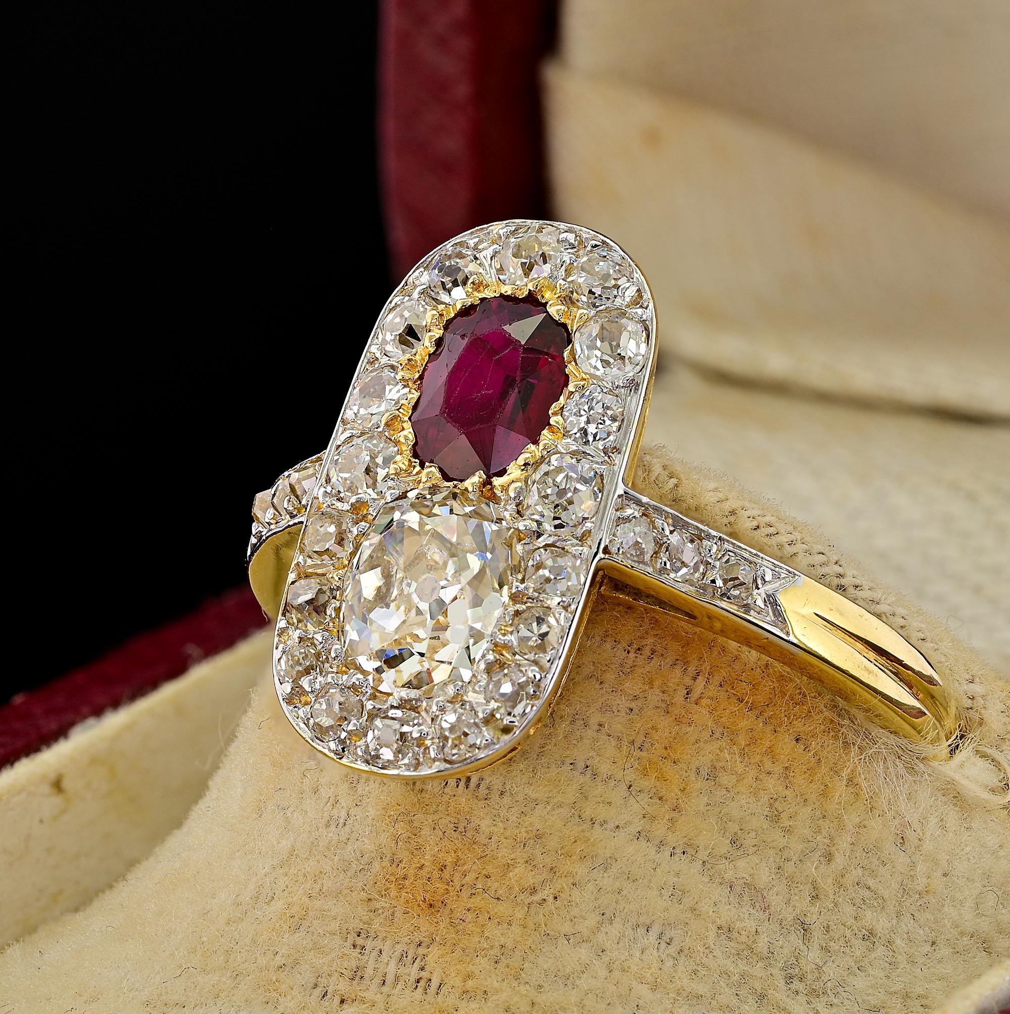French Edwardian Untreated Ruby Diamond 18 KT/Platinum Ring For Sale 3