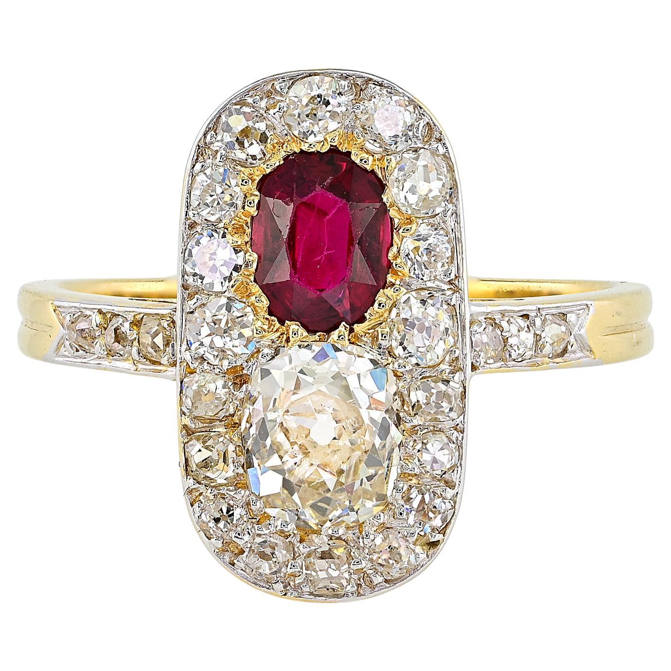 French Edwardian Untreated Ruby Diamond 18 KT/Platinum Ring For Sale