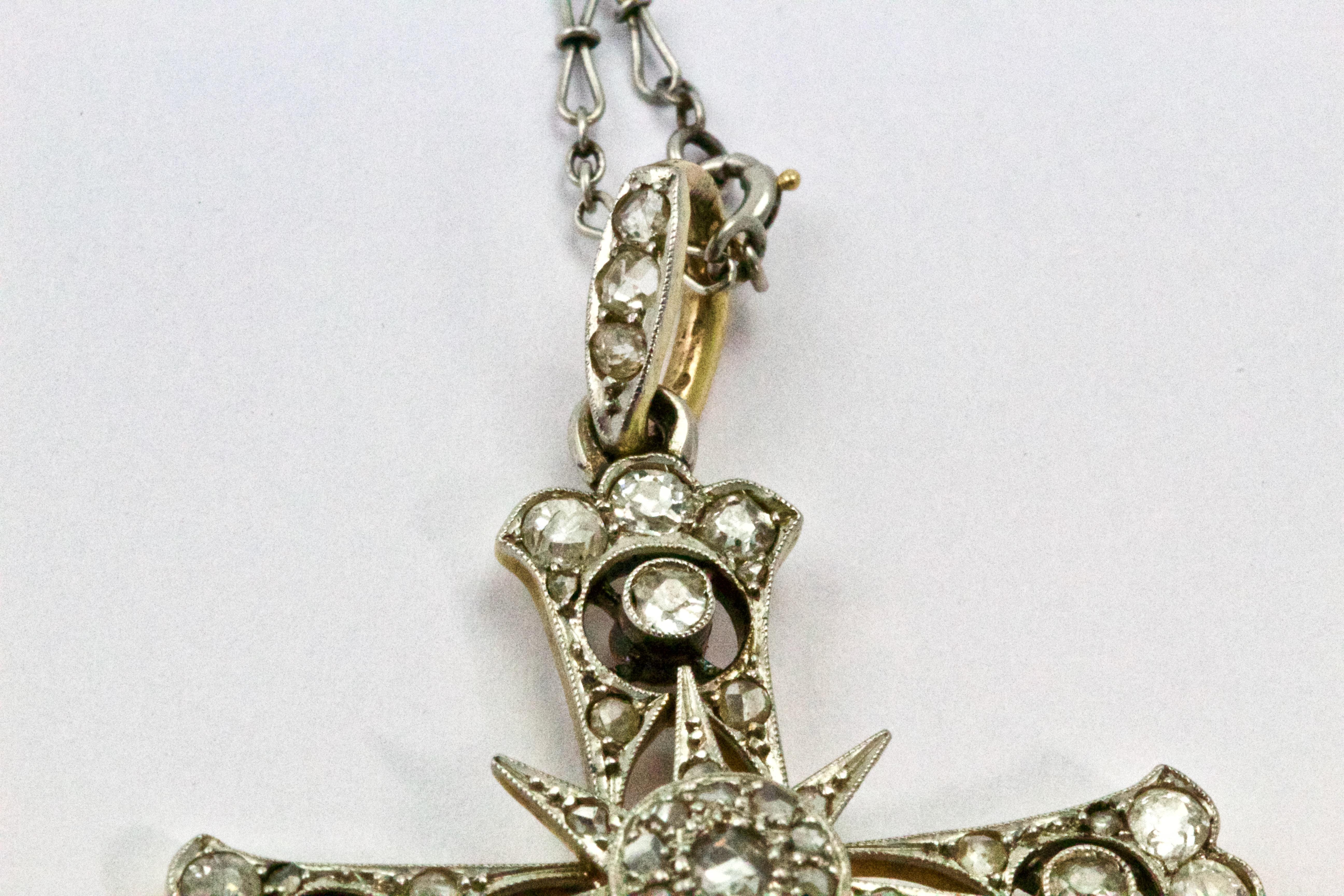 Rose Cut French Edwardian White, Yellow Gold and Platinum Diamond Cross Pendant Necklace