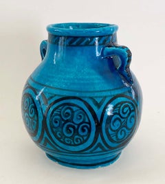 Französische blaue ägyptische Craquelé-Glasur-Vase von Raoul Lachenal, dekoriert, ca. 1930er Jahre
