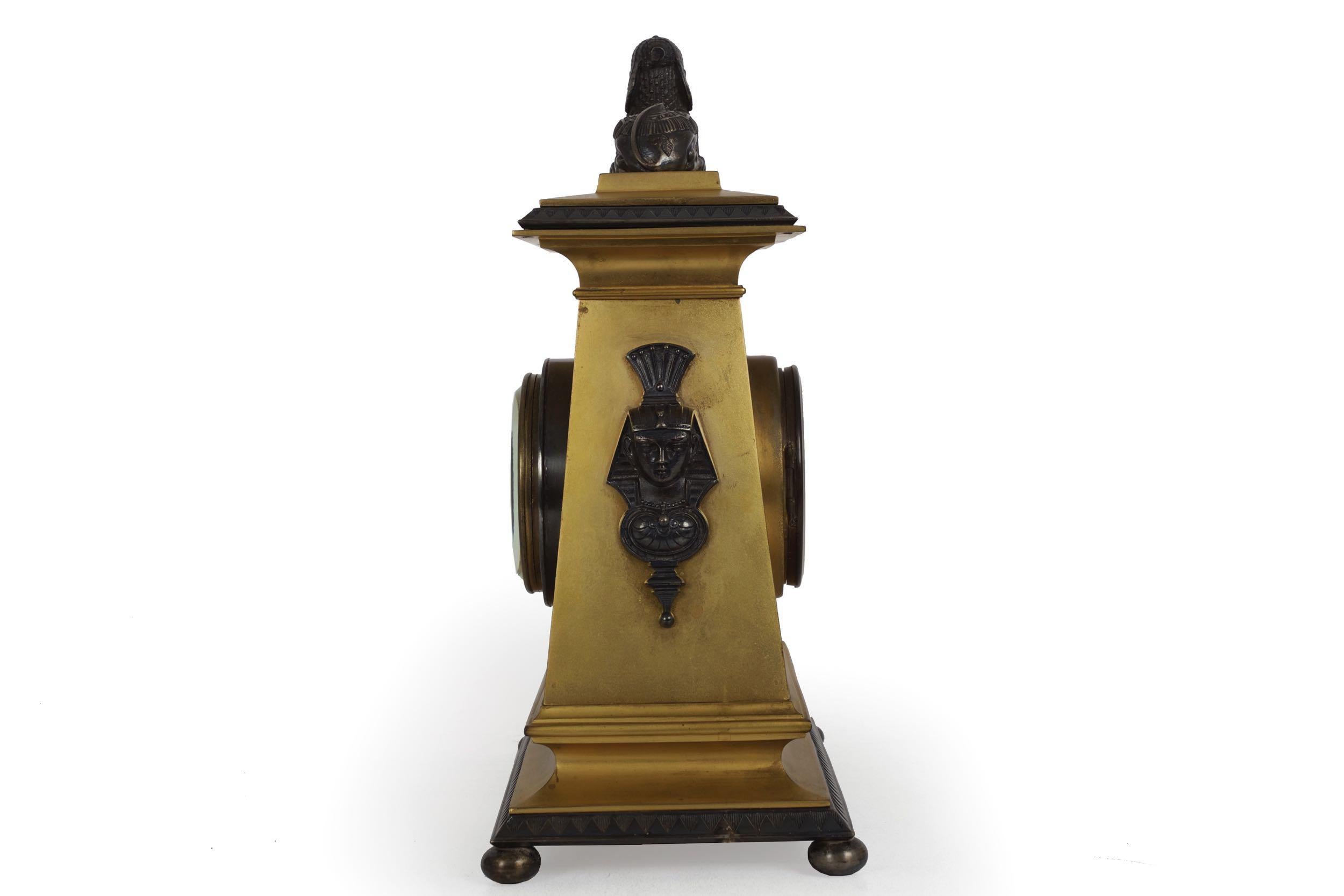 French Egyptian Revival Antique Bronze Mantel Clock with Sphinx, circa 1890 In Good Condition In Shippensburg, PA