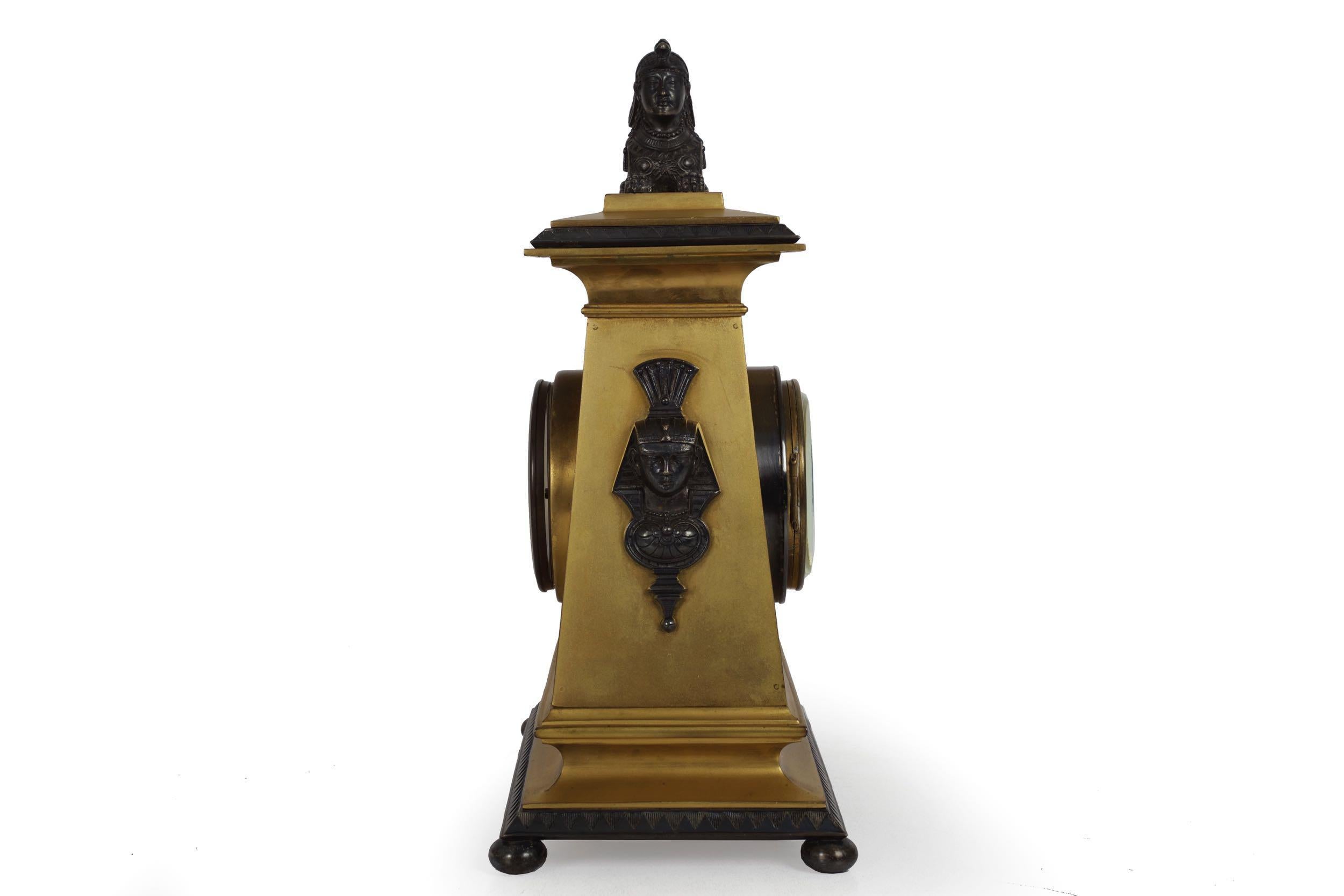 French Egyptian Revival Antique Bronze Mantel Clock with Sphinx, circa 1890 1