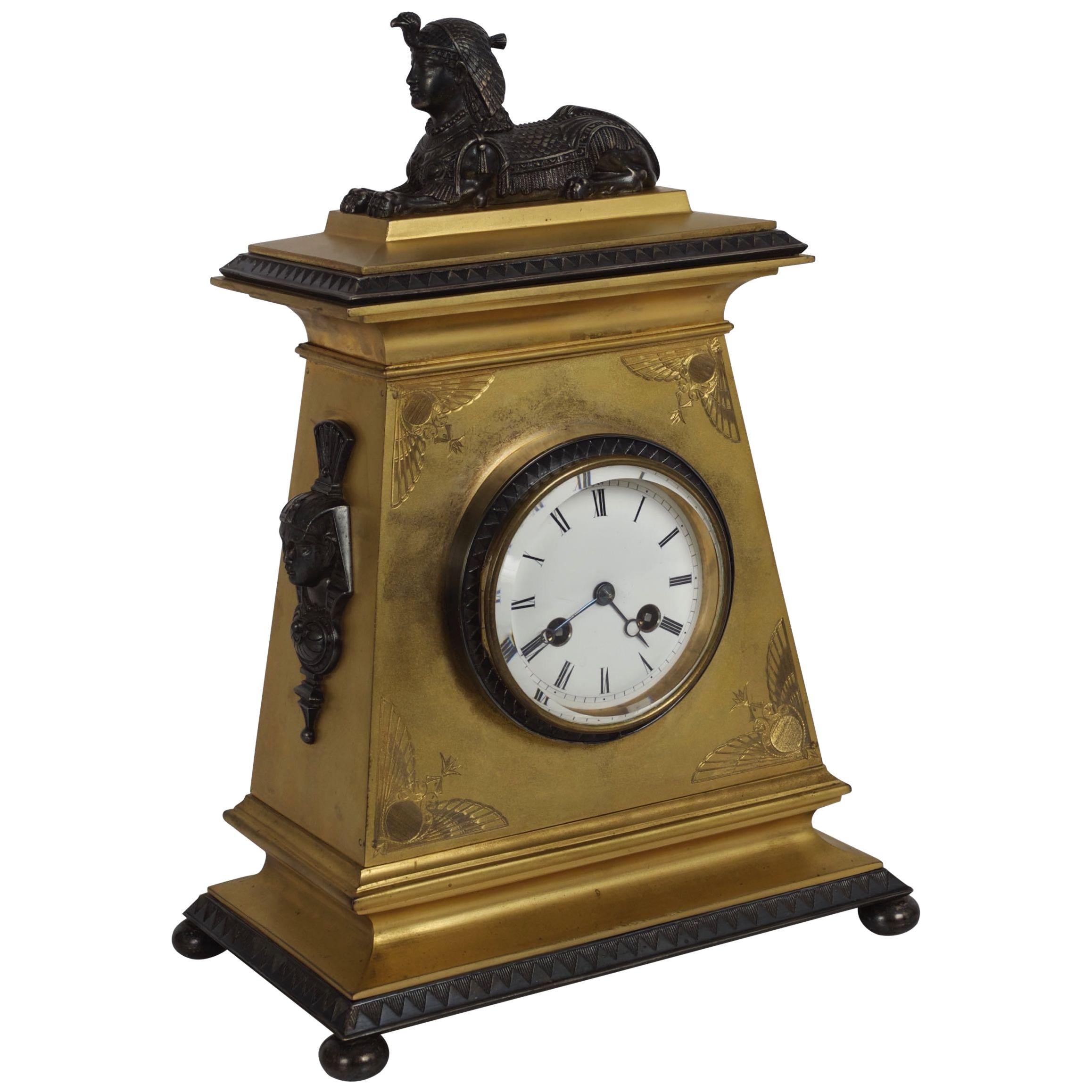 French Egyptian Revival Antique Bronze Mantel Clock with Sphinx, circa 1890