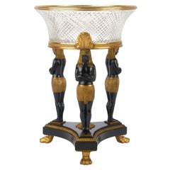 French Egyptian Revival Bronze Figural Centerpiece with Cut-Glass Bowl