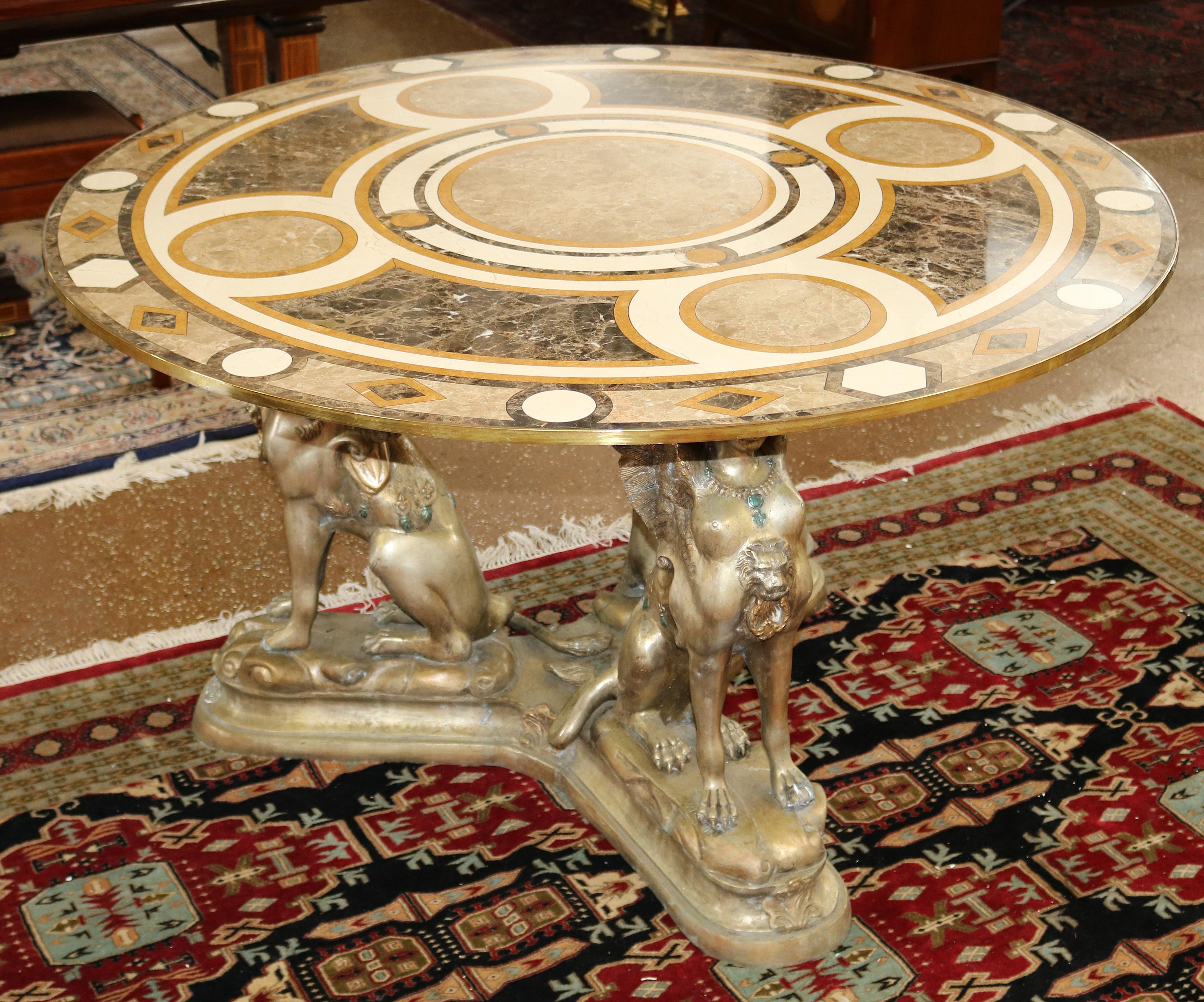 Forged French Egyptian Revival Style Bronze & Marble Veneer Pietra Dura Center Table For Sale
