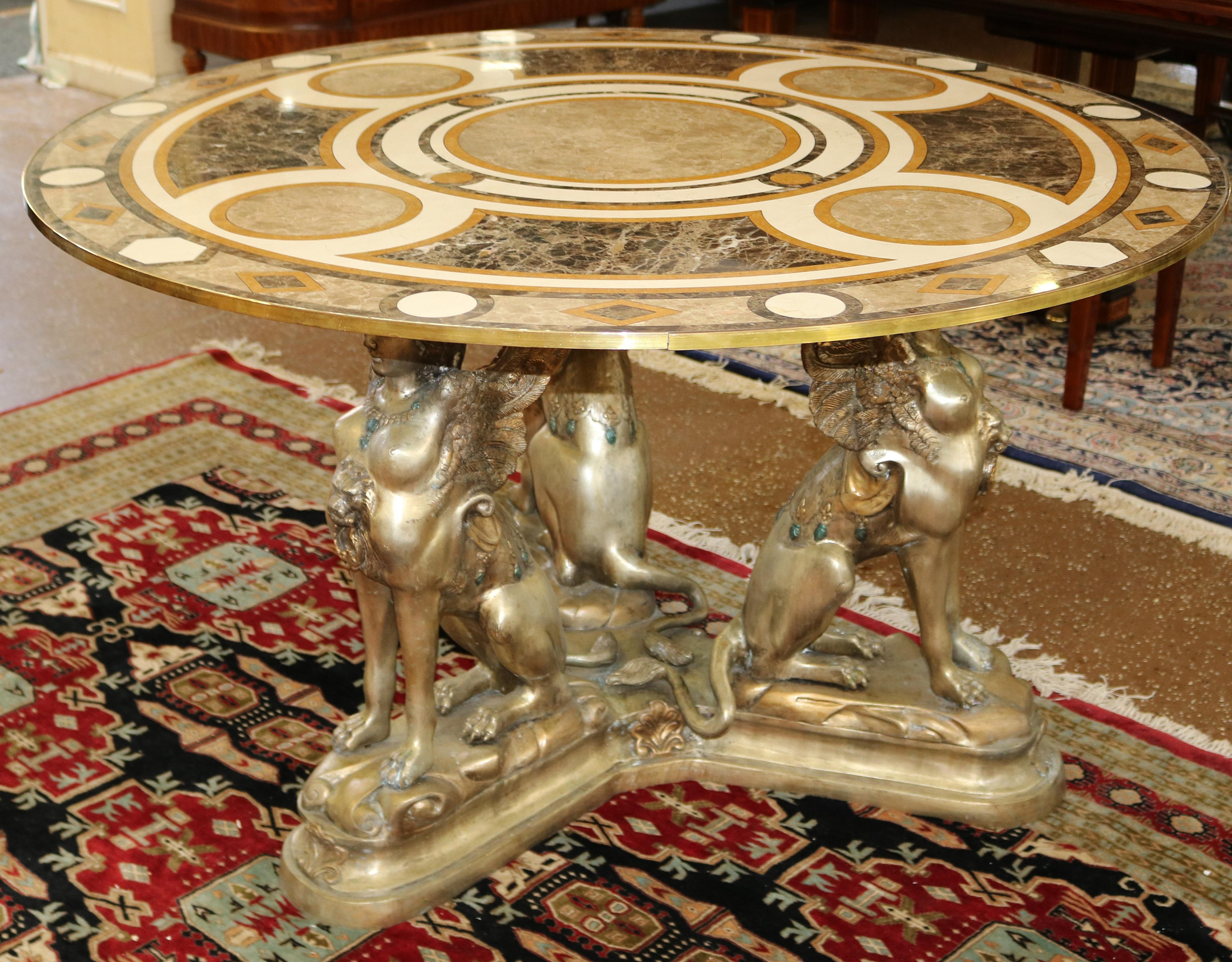 French Egyptian Revival Style Bronze & Marble Veneer Pietra Dura Center Table In Excellent Condition For Sale In Long Branch, NJ