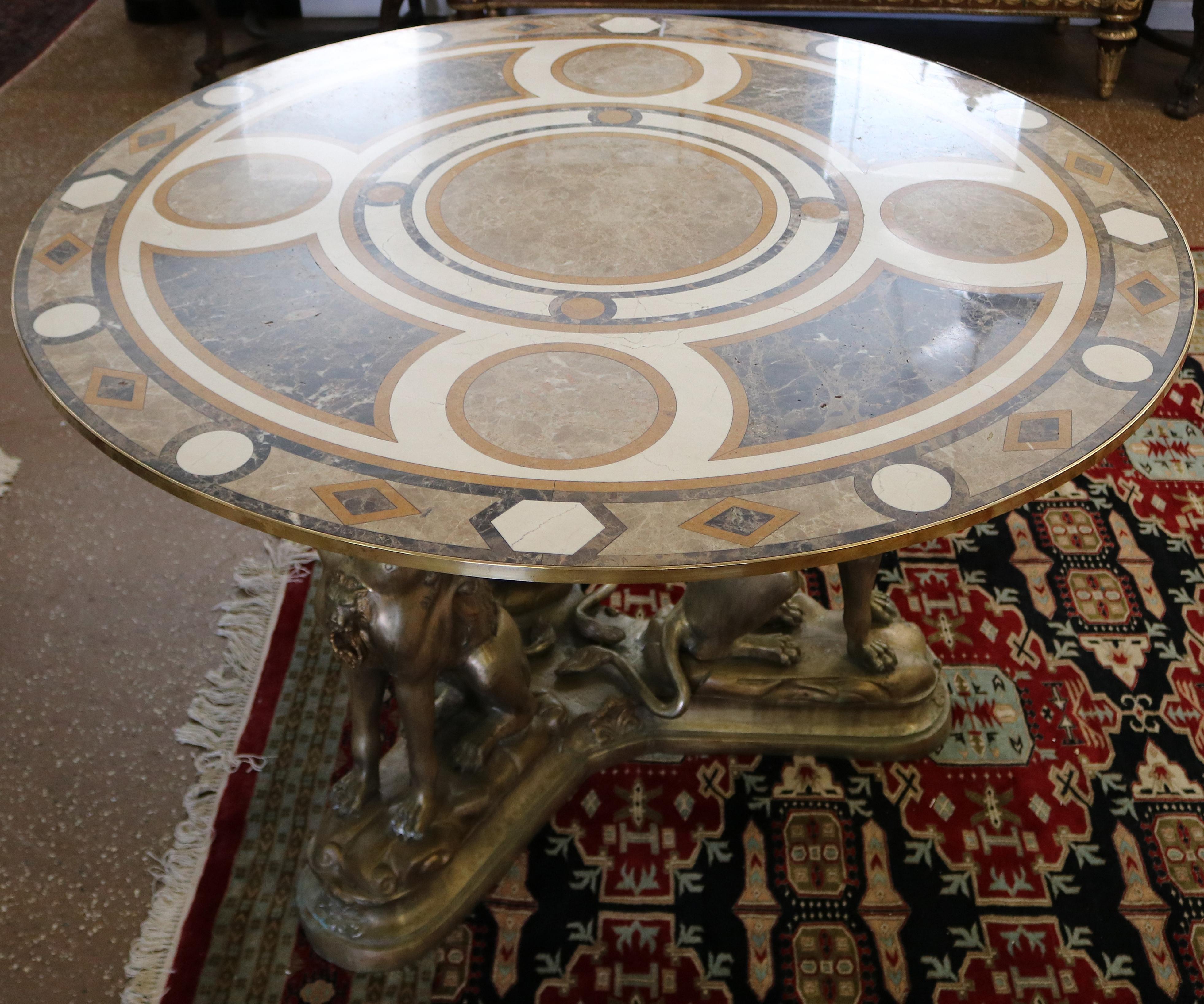20th Century French Egyptian Revival Style Bronze & Marble Veneer Pietra Dura Center Table For Sale