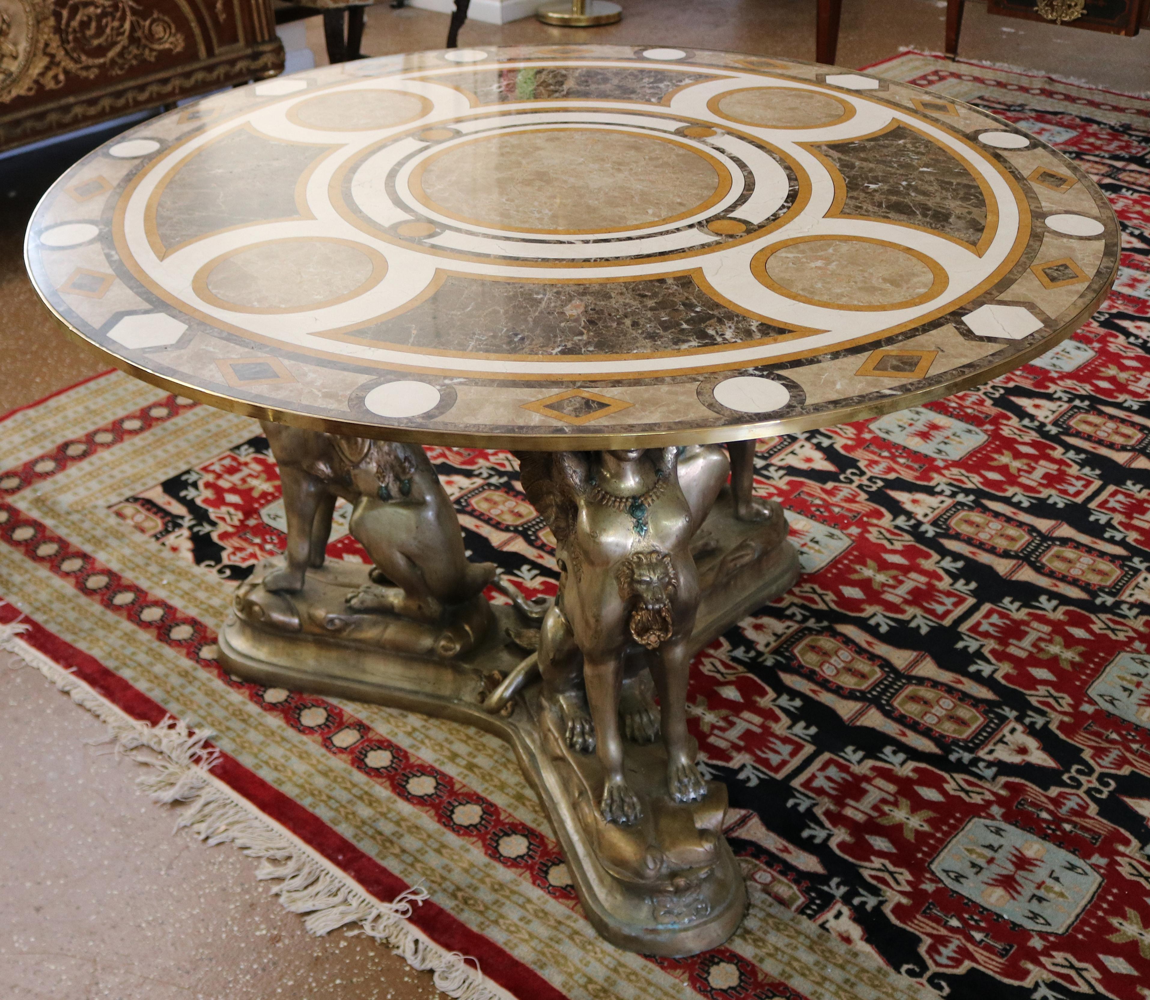 French Egyptian Revival Style Bronze & Marble Veneer Pietra Dura Center Table For Sale 1