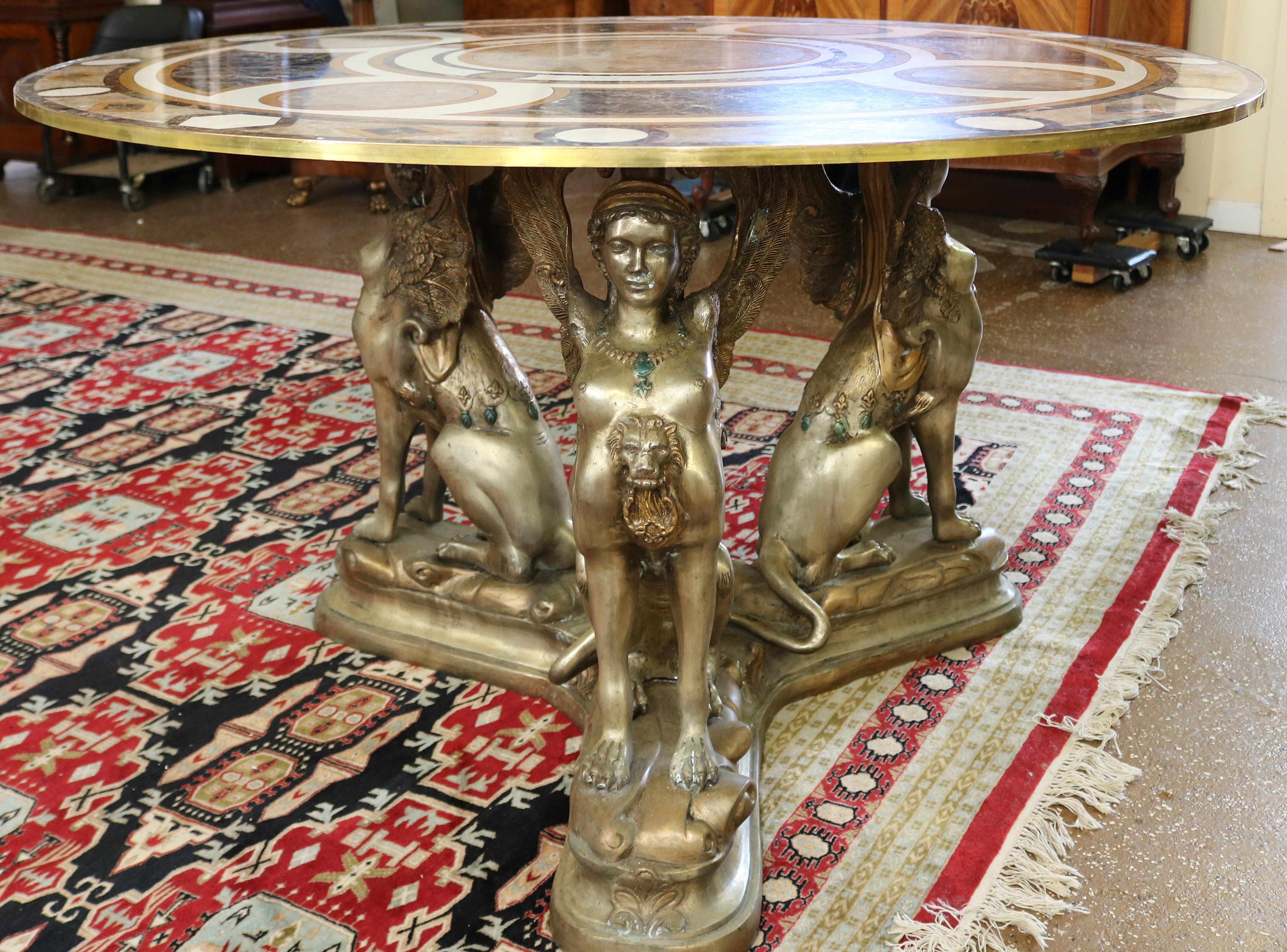French Egyptian Revival Style Bronze & Marble Veneer Pietra Dura Center Table For Sale 2