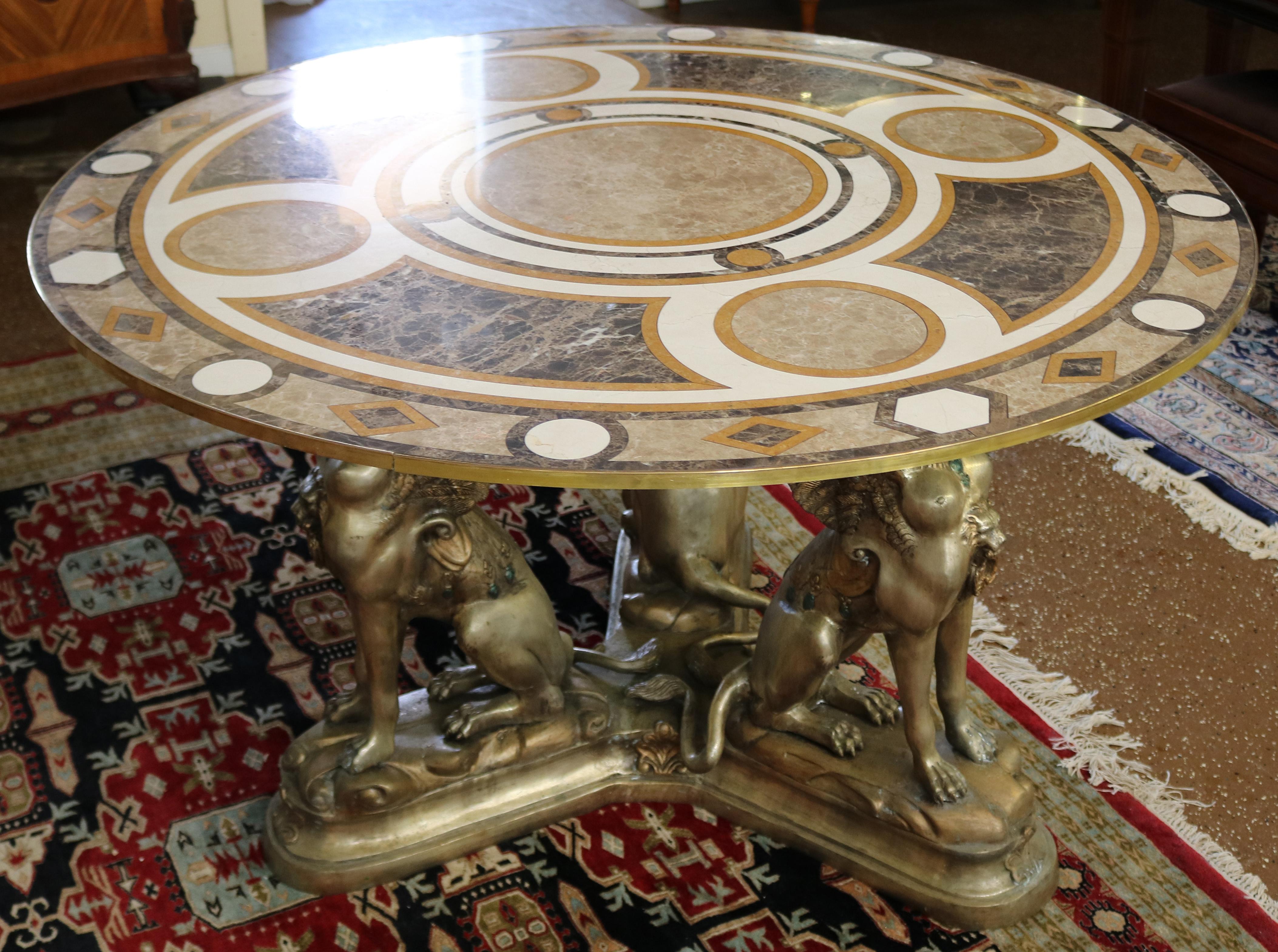 French Egyptian Revival Style Bronze & Marble Veneer Pietra Dura Center Table For Sale 3