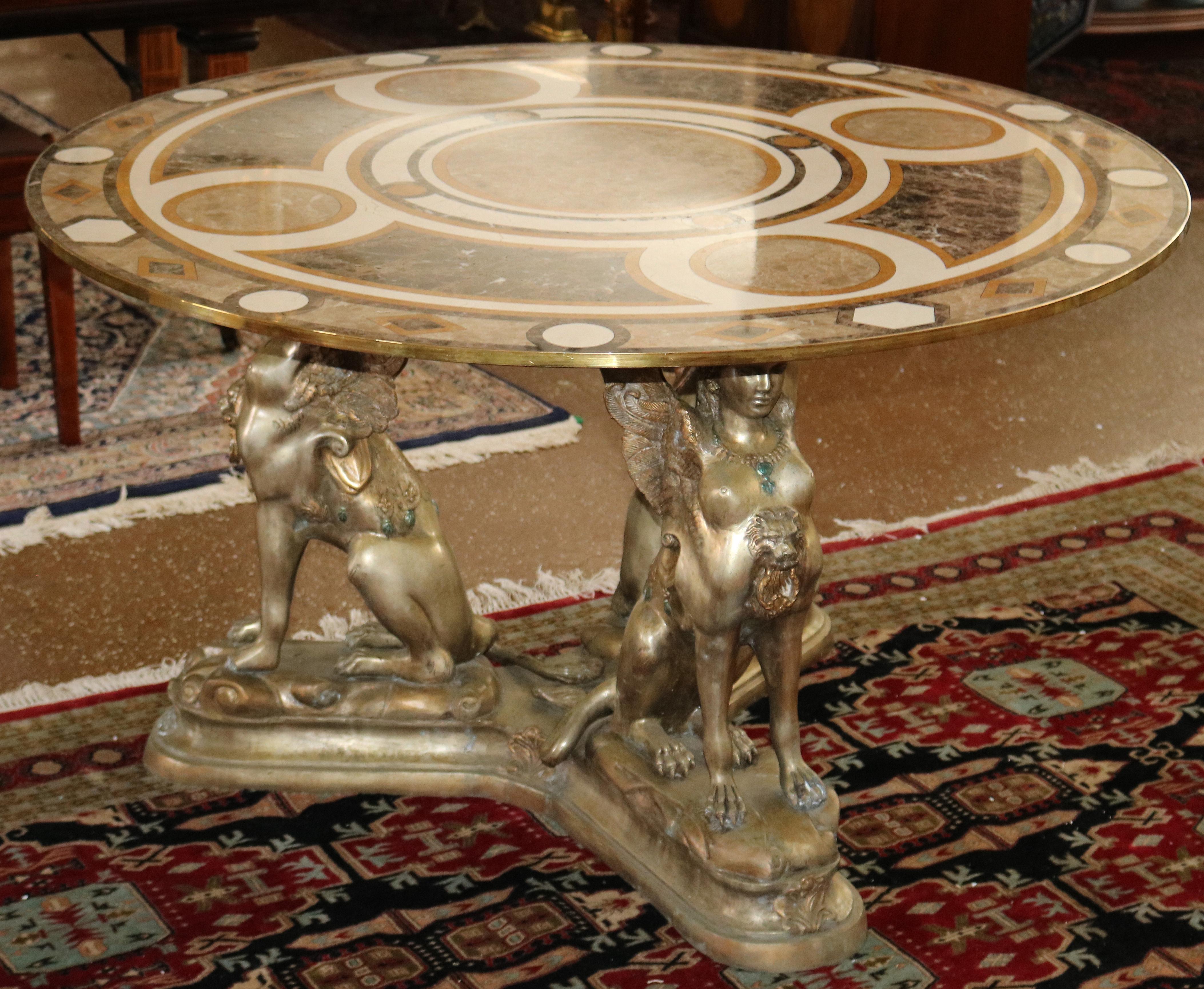 French Egyptian Revival Style Bronze & Marble Veneer Pietra Dura Center Table For Sale 4