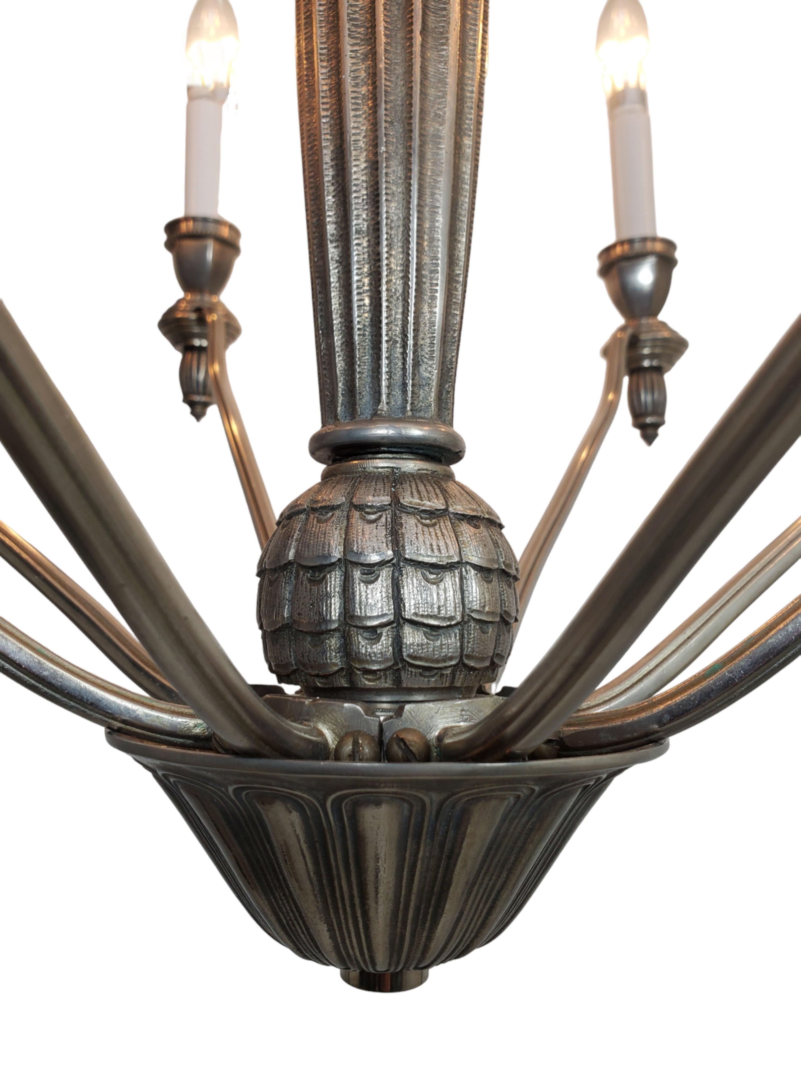 French eight arm heavily cast and detailed nickeled bronze chandelier - G.Capon  For Sale 5