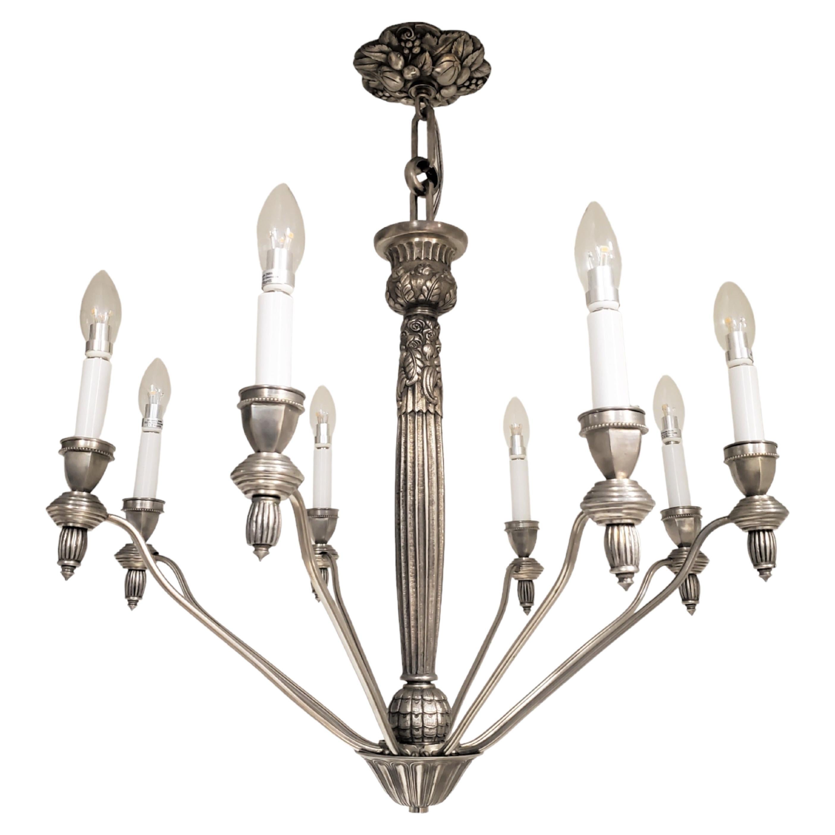 French eight arm heavily cast and detailed nickeled bronze chandelier - G.Capon  For Sale
